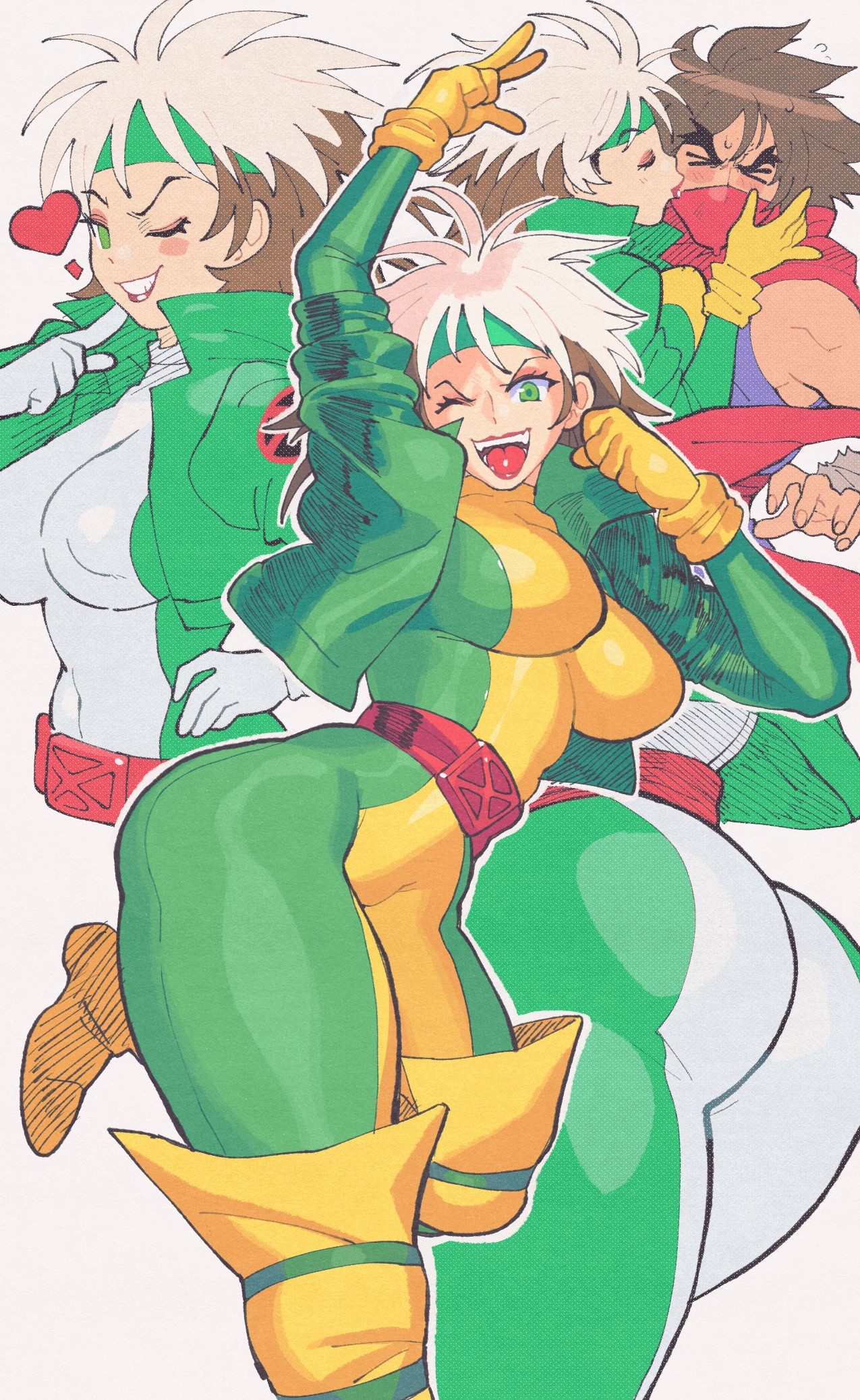 1boy, 1girl, ass, belt, bodysuit, bodysuit under clothes, breasts, brown hair, closed eyes, commentary, eastern and western character, english commentary, fangs, gloves, green bodysuit, green eyes, hairband, heart, highres, inkerton-kun, inkuusan, jacket, kiss, kissing cheek, large breasts, marvel, marvel vs. capcom, multicolored hair, ninja, one eye closed, open mouth, rogue (x-men), scarf, smirk, strider (video game), strider hiryu, thick thighs, thighs, tongue, white bodysuit, white hair, x-men, yellow bodysuit, yellow gloves