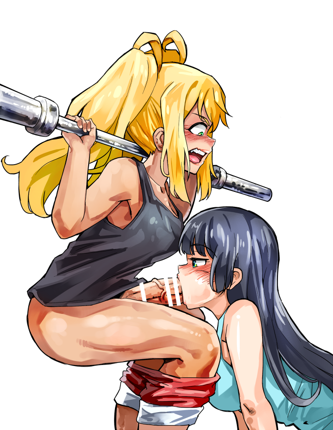 1futa 1girls bangs bare_shoulders black_hair blonde_hair blowjob blue_eyes blunt_bangs breasts censored color dumbbell dumbbell_nan_kilo_moteru? fellatio futa_on_female futanari green_eyes gyaru hime_cut human_only intersex large_breasts long_hair multiple_girls oral penis sakura_hibiki_(dumbbell_nan_kilo_moteru?) shirt shorts shorts_pull simple_background souryuuin_akemi sweat tan tank_top teeth twintails weightlifting white_background workout_sex