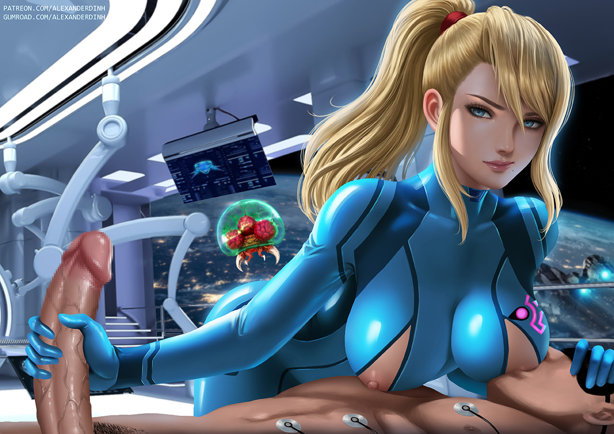 1boy, 1girls, alexander dinh, areolae, big breasts, big penis, blindfold, blonde hair, blue eyes, breast sucking, breasts, censored, duo, electrodes, erection, female, handjob, human, large breasts, male, metroid, mole under mouth, nintendo, nippleless clothes, nipples, nursing handjob, penis, ponytail, samus aran, sidelocks, smirk, straight, veiny penis, zero suit, zero suit samus