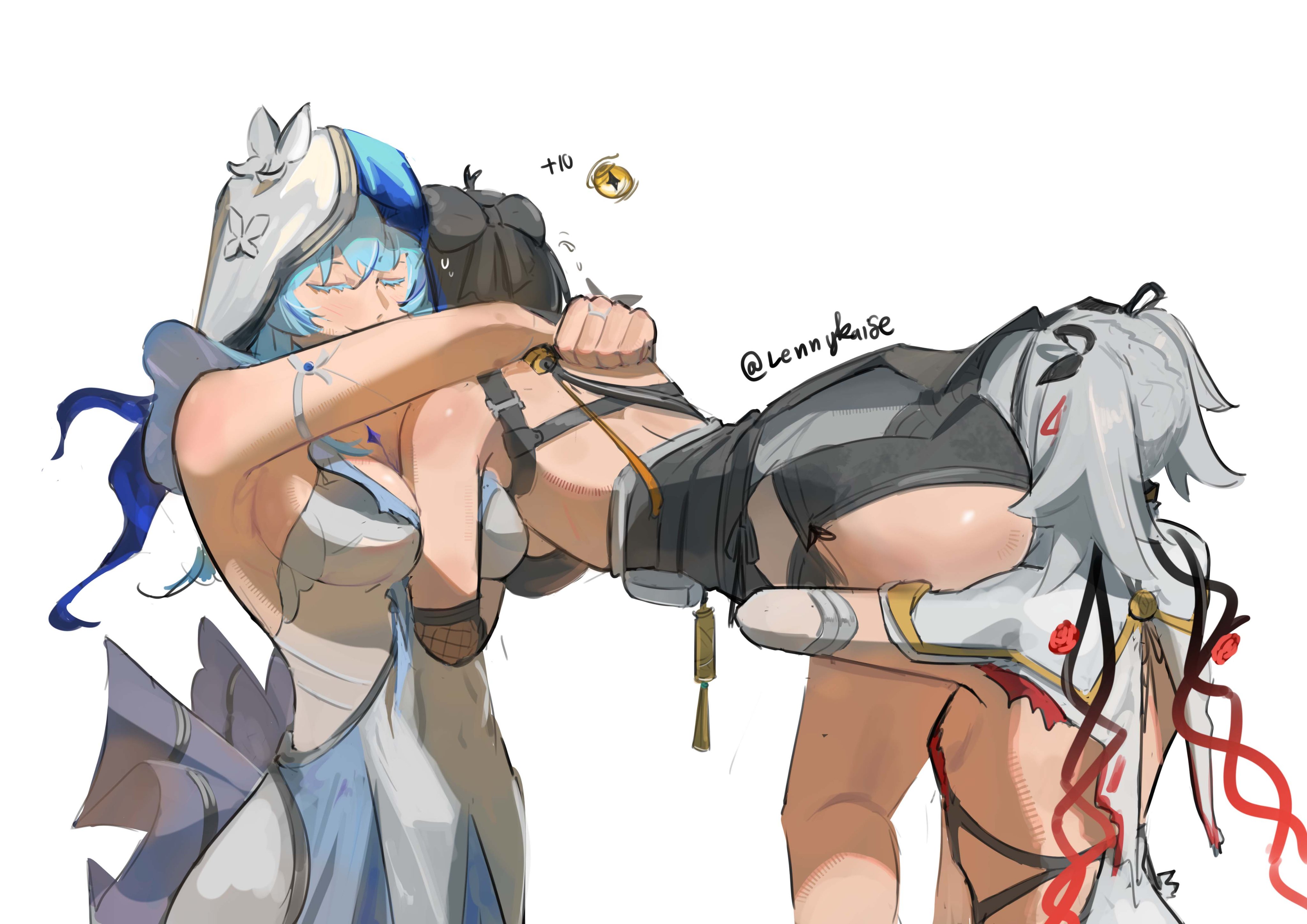 3girls, absurdres, arm between breasts, artist request, ass, ass worship, between breasts, blush, breasts, butt, camellya (wuthering waves), commentary, derivative work, english commentary, face in ass, female pervert, female rover (wuthering waves), highres, hug, multiple girls, parody, pervert, rover (wuthering waves), scene reference, shorekeeper (wuthering waves), simple background, twitter username, white background, wuthering waves, yuri