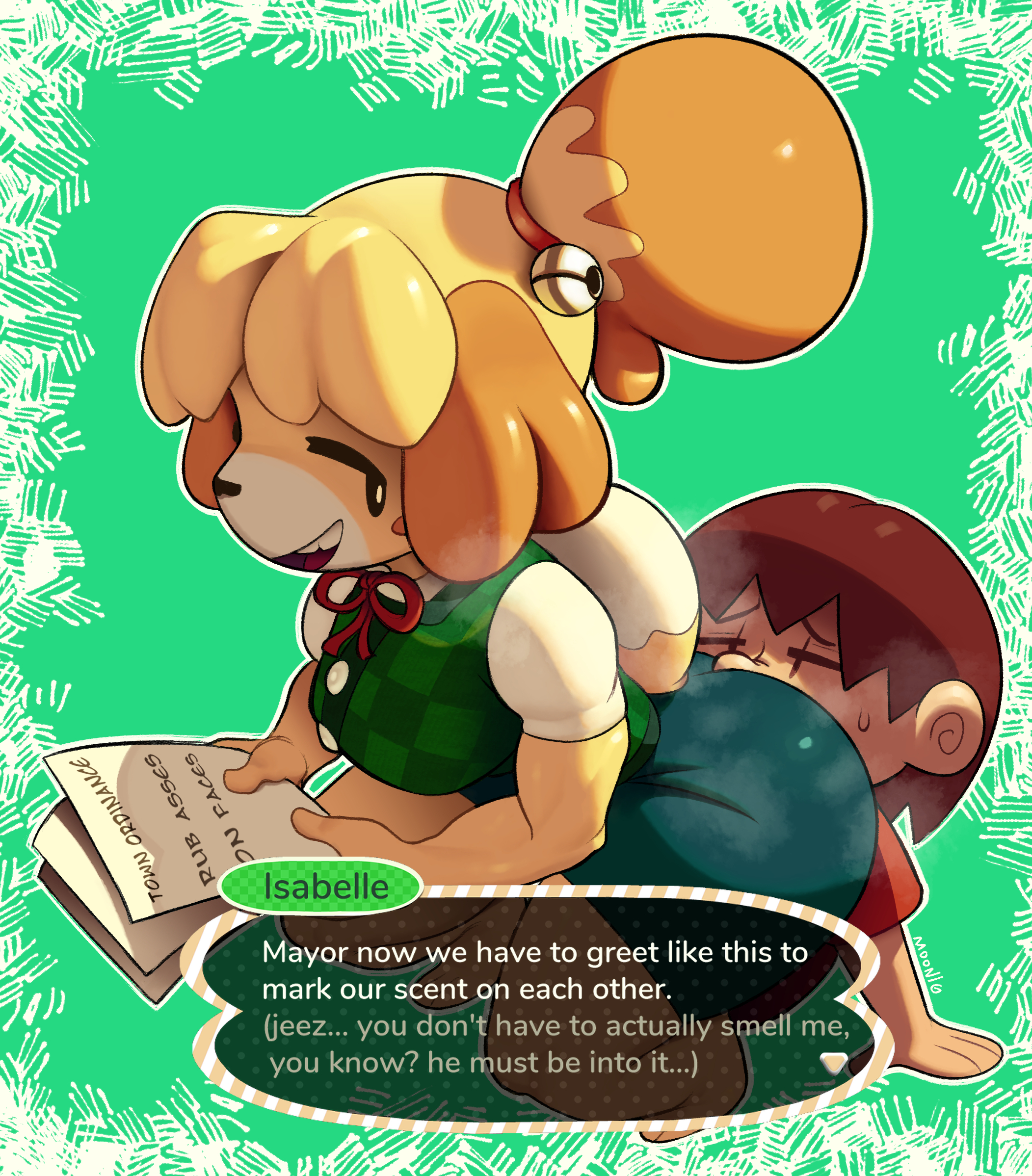 1boy, 1girl, animal crossing, animal crossing: new leaf, animal ears, animal hands, ass, barefoot, bell, black eyes, blonde hair, blue skirt, blush stickers, body fur, breasts, brown hair, bubble butt, character name, closed eyes, commentary, dog ears, dog girl, dog tail, english commentary, english text, face in ass, full body, furry, furry female, furry with non-furry, green background, green vest, hair bell, hair ornament, hair tie, half-closed eyes, hands up, hetero, highres, holding, interspecies, isabelle (animal crossing), jingle bell, lilmoonie, looking back, medium breasts, miniskirt, neck ribbon, open mouth, outline, paper, pencil skirt, plaid clothes, plaid vest, red ribbon, red shirt, ribbon, shirt, short hair, short sleeves, simple background, sitting on face, skirt, smile, solo focus, speech bubble, squatting, steam, steaming body, sweat, tail, talking, teeth, thick thighs, thighs, topknot, two-tone fur, vest, villager (animal crossing), white fur, white outline, white shirt, wide hips, yellow fur