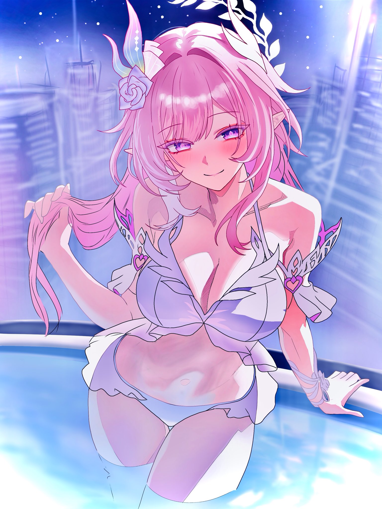 1girls, big breasts, breasts, breasts out, cyrene (honkai: star rail), cyrene (ripples of past reverie) (honkai: star rail), exposed breasts, female, honkai (series), honkai: star rail, hoyoverse, large breasts, long hair, mihoyo, pink hair, purple eyes, swimsuit, white swimsuit
