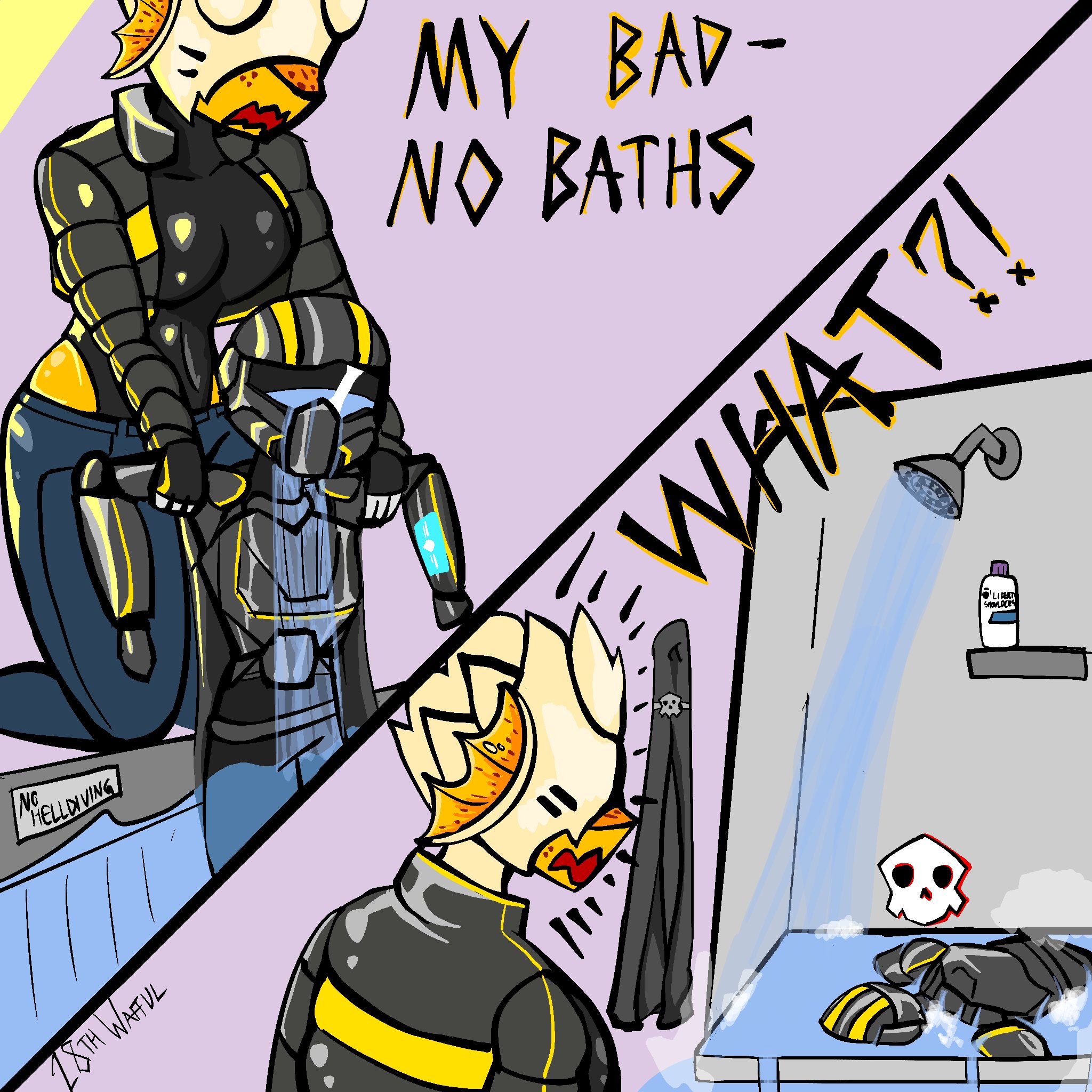 1boy, 1girl, arzyparzy, bath, cape, female, helldivers, hunter-chan (arzyparzy), larger female, leotard, shower, smaller male, soap, water