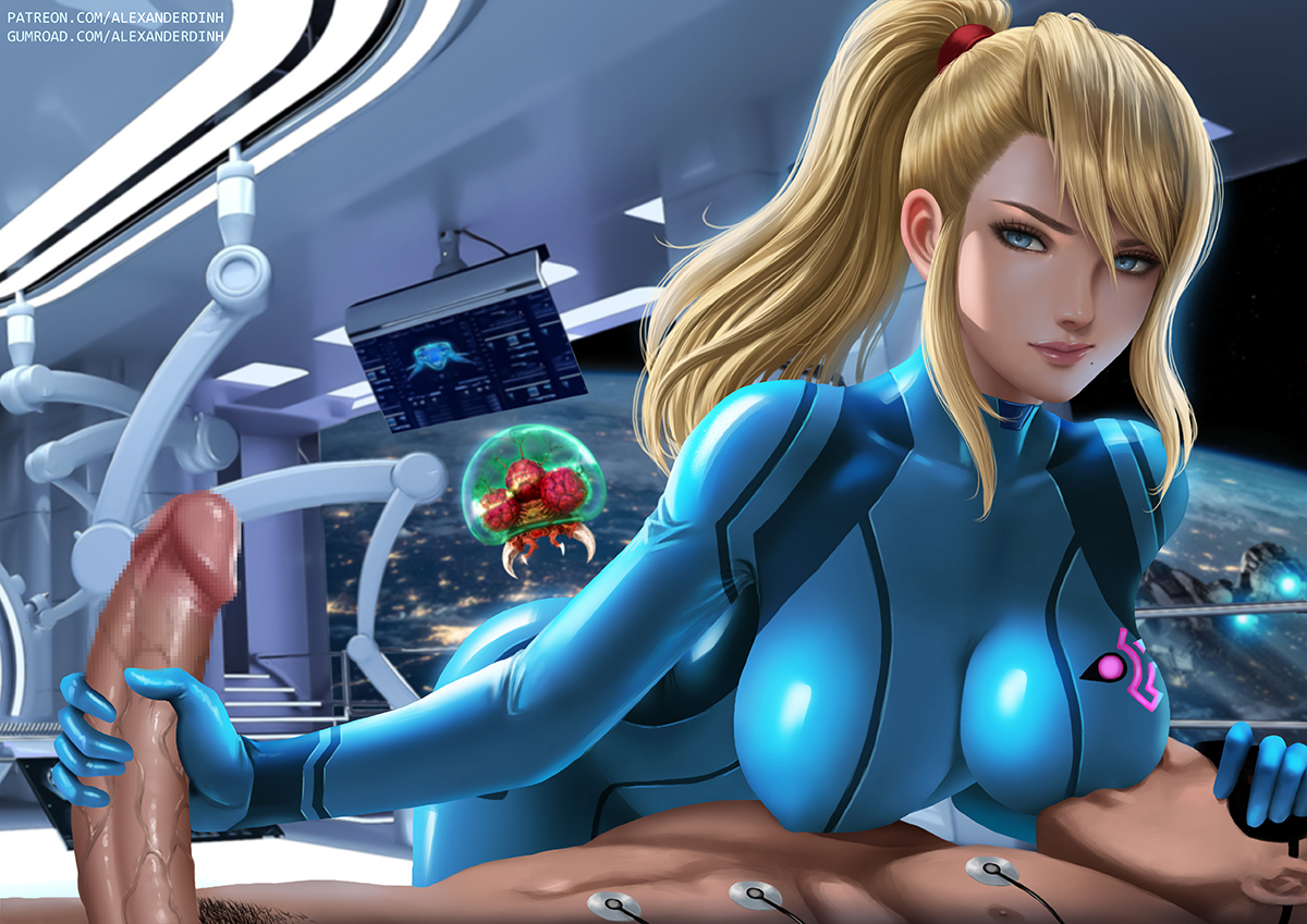 1boy, 1girls, alexander dinh, big breasts, big penis, blindfold, blonde hair, blue eyes, breast sucking, breasts, censored, cleavage, duo, electrodes, erection, female, handjob, human, large breasts, male, metroid, mole under mouth, nintendo, nipple bulge, nursing handjob, penis, ponytail, samus aran, sidelocks, smirk, straight, veiny penis, zero suit, zero suit samus