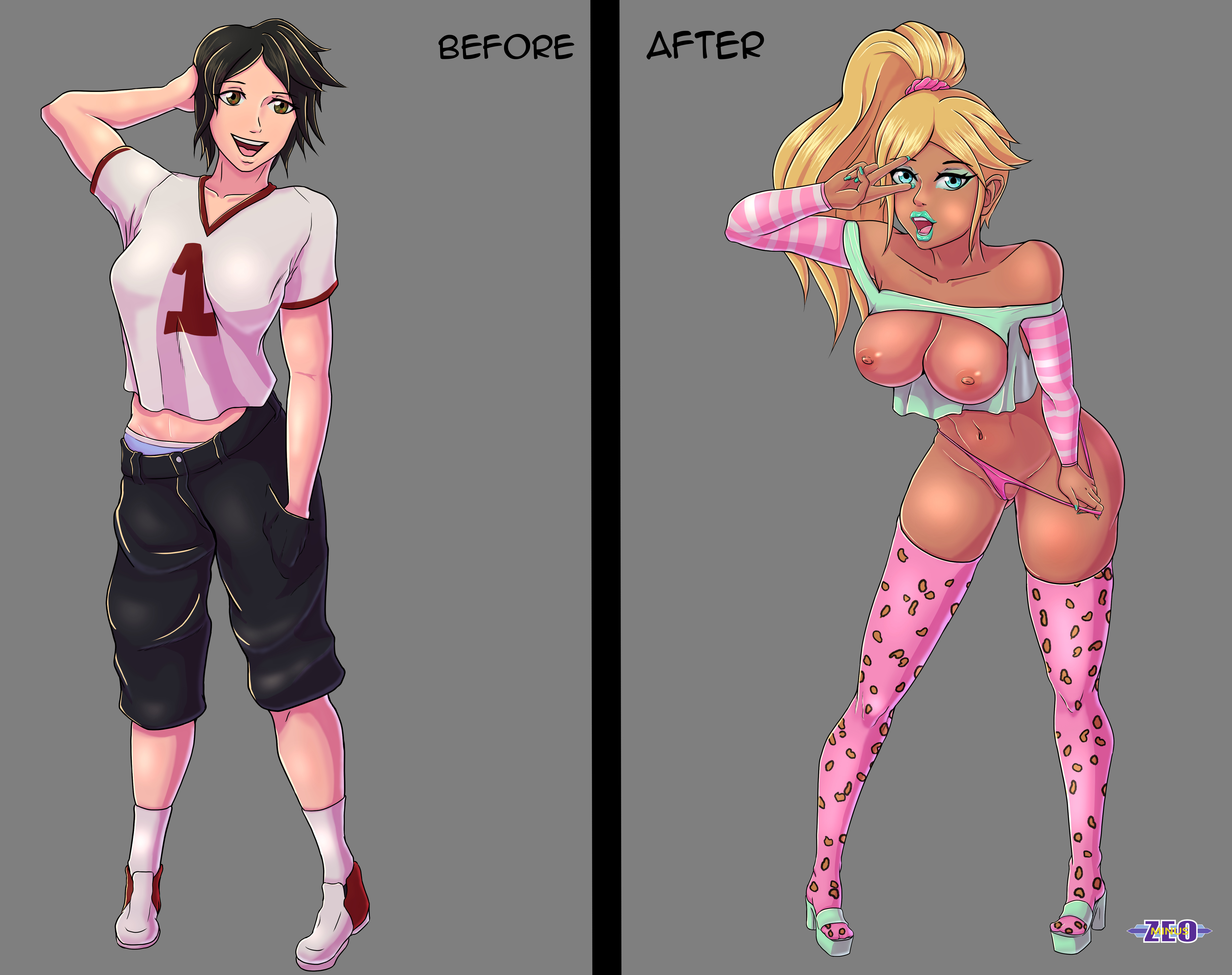 1girls, absurdres, before and after, bimbofication, blonde hair, blue eyes, breasts, breasts outside, brown eyes, brown hair, clothed, clothed exposure, dark skin, erect nipples, eye color change, eyeshadow, female, femsub, ganguro, green lipstick, grey background, gyaru, hair color change, hair growth, happy trance, high heels, large breasts, lipstick, long hair, makeup, nail polish, nipples, open clothes, original, pants, panty pull, ponytail, scrunchie, shoes, short hair, side ponytail, signature, simple background, socks, solo, text, thighhighs, tomboy, tomboy feminized, transformation, undressing, zeocloud