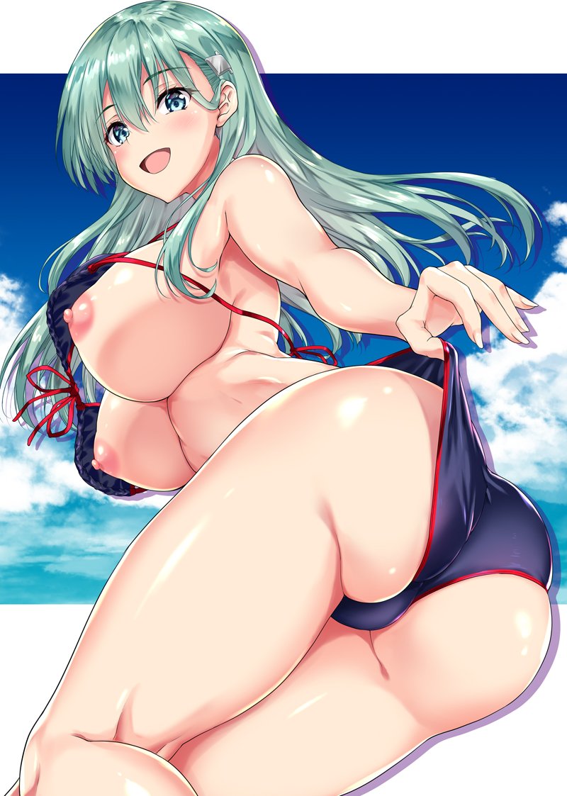 akizuki_akina aqua_eyes aqua_hair ass bikini bikini_pull blue_bikini blush breasts checkered cloud day female fingernails from_below hair_between_eyes hair_ornament hair_over_eyes hairclip hand_under_clothes kantai_collection large_breasts long_hair looking_at_viewer nipples open_mouth outdoors outside_border self_exposure shiny shiny_hair sidelocks sky solo suzuya_(kantai_collection) swimsuit underboob underbust