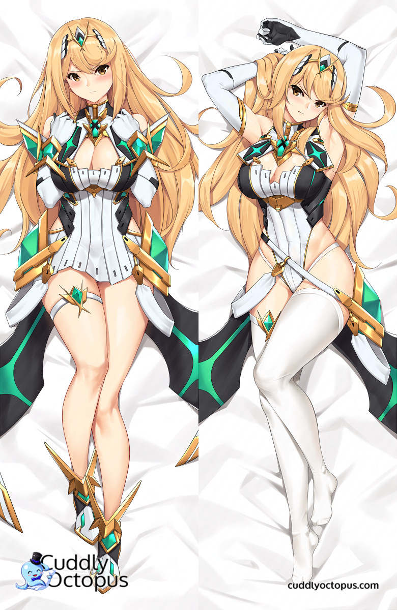 1girls armor armpits arms_up bangs bare_shoulders bed_sheet big_breasts blonde_hair blush breasts cleavage cleavage_cutout commentary cuddly_octopus dakimakura dakimakura_design dress elbow_gloves english_commentary eyebrows_visible_through_hair finger_to_mouth fingerless_gloves forehead_jewel frown full_body gem gloves hair_between_eyes hair_ornament hand_in_hair head_tilt headpiece highleg highleg_leotard highres jewelry large_breasts legs leotard long_hair looking_at_viewer lying multiple_views mythra_(xenoblade) nintendo on_back pose swept_bangs thigh_gap thigh_high_boots thigh_strap thighhighs thighs tiara tony_guisado undressing v-shaped_eyebrows very_long_hair white_dress white_gloves white_legwear xenoblade_(series) xenoblade_chronicles_2 yellow_eyes