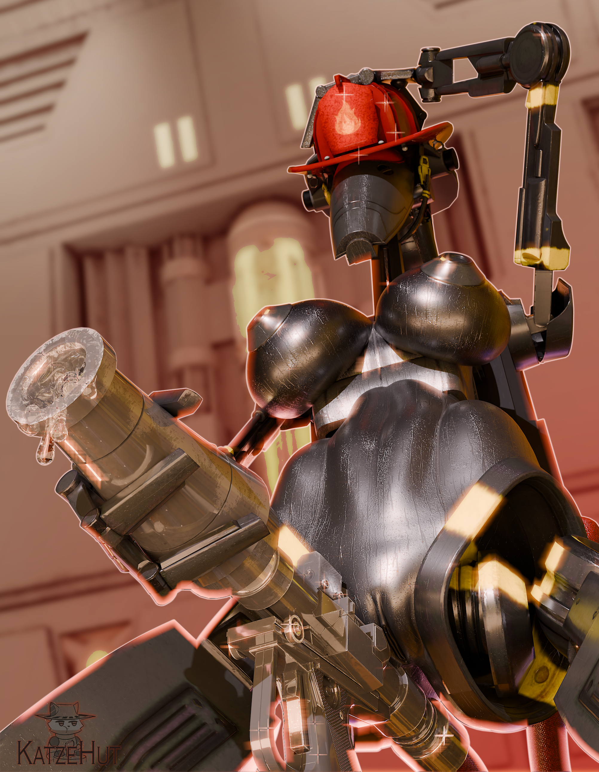 1girls, 3d, ass, b1 battle droid, battle droid, breasts, droid (star wars), female, female only, fire hose, firefighter, hose, katzehut, nipples, pussy, robot, robot girl, robot humanoid, solo, solo female, star wars, sweat