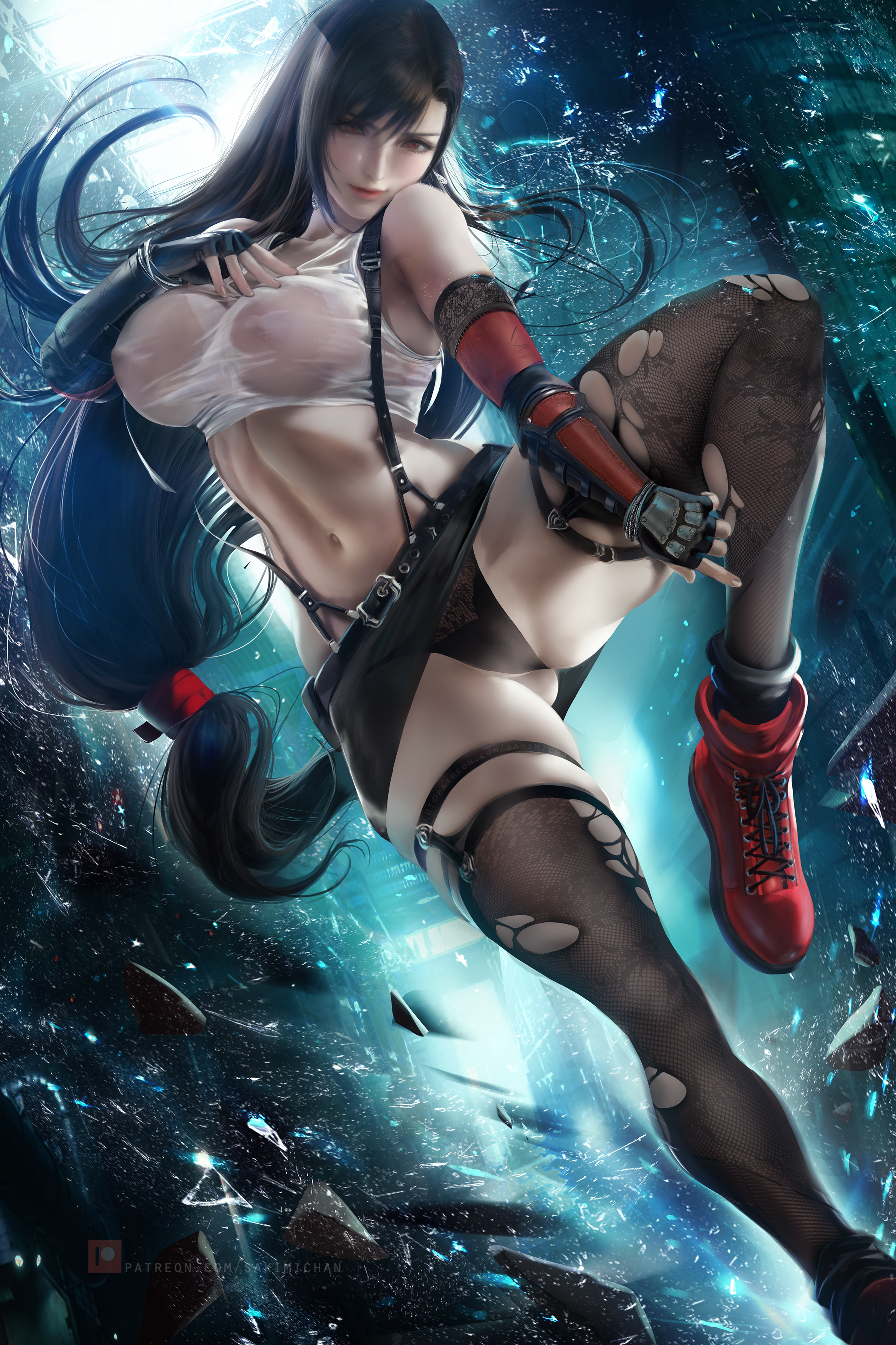 absurdres, breasts, female, female only, final fantasy, final fantasy vii, highres, large breasts, paid reward, panties, patreon reward, sakimichan, solo, solo focus, square enix, tifa lockhart, underwear, wet clothing