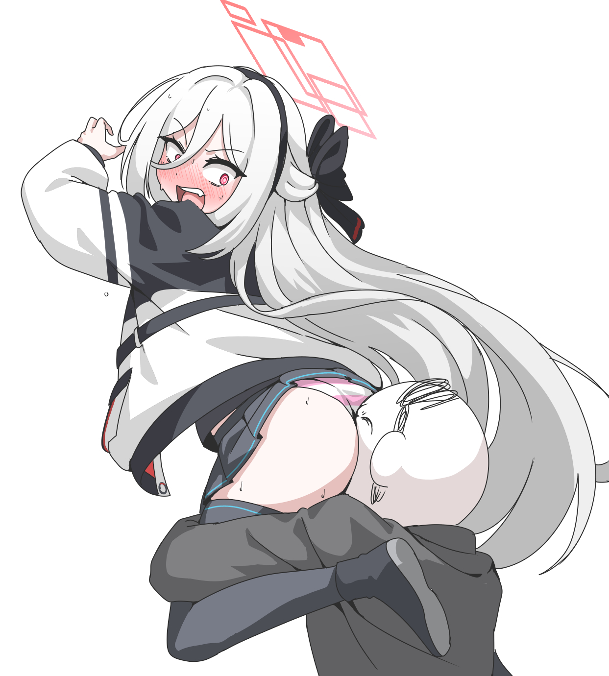 1boy, 1girl, angry, angry face, ass, ass worship, black ribbon, blue archive, blush, blushing, blushing female, butt, doodle sensei (blue archive), double-parted bangs, embarrassed, face in ass, green eyes, hair ribbon, half updo, halo, highres, hug, jacket, kei (blue archive), kei (student) (blue archive), long hair, long sleeves, looking at another, open mouth, panties, red eyes, ribbon, sensei (blue archive), skirt, smelling, smelling ass, striped clothes, striped panties, suit, sweat, thighhighs, tscplayer, underwear, very long hair