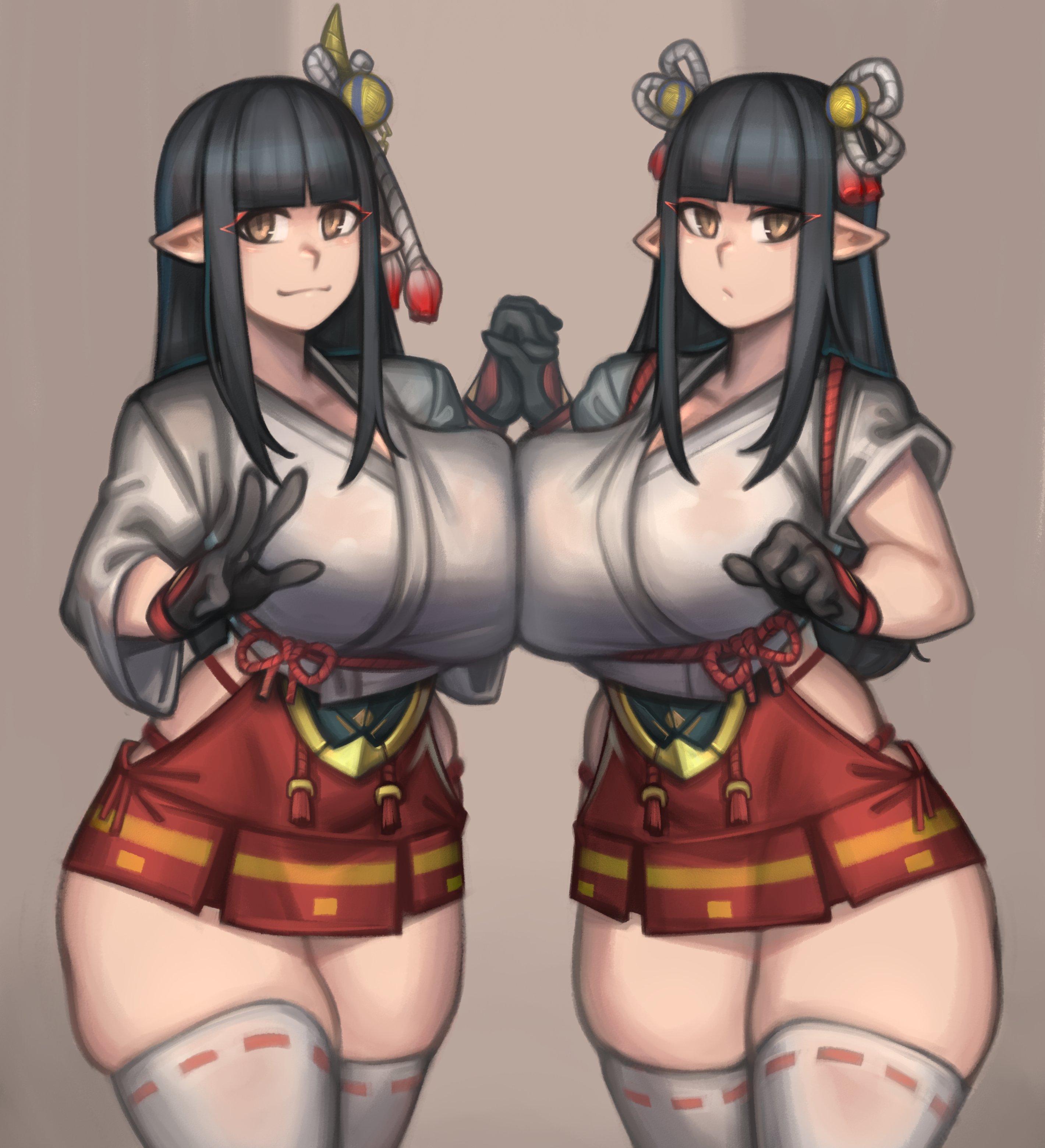 2girls, 4 fingers, absurd res, alternate version available, bangs, belly, black gloves, black hair, blunt bangs, breasts, brown eyes, capcom, eyeliner, female, fewer digits, gloves, hair ornament, hakama skirt, hi res, hinoa, holding hands, huge breasts, kelvin hiu, legs together, looking at viewer, makeup, minoto, monster hunter, monster hunter rise, multiple females, multiple girls, navel, pointed ears, red rope, rope, short sleeves, siblings, sisters, standing, straight hair, symmetrical docking, thick thighs, thighhighs, thighs, twins, underwear, v, white legwear, wyverian