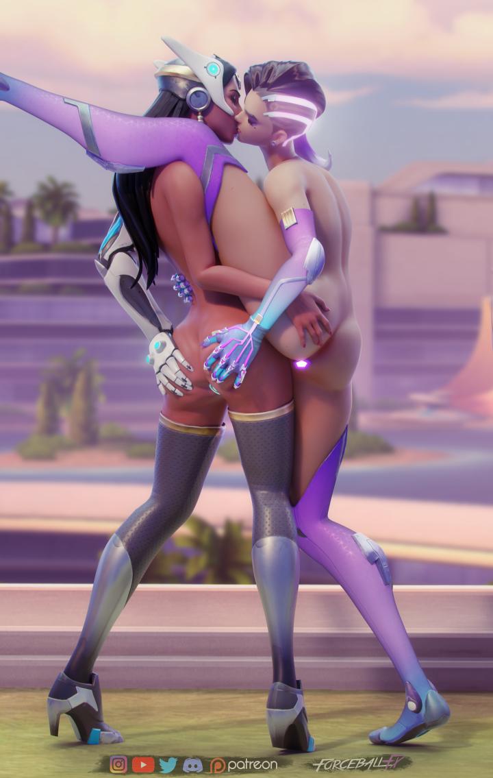 2girls, 3d, anal plug, ass, ass grab, blender, buttplug, dark skin, dark-skinned female, female, female only, forceballfx, hand on ass, kissing, overwatch, sex toy, sombra, spread ass, symmetra, thighhighs, yuri