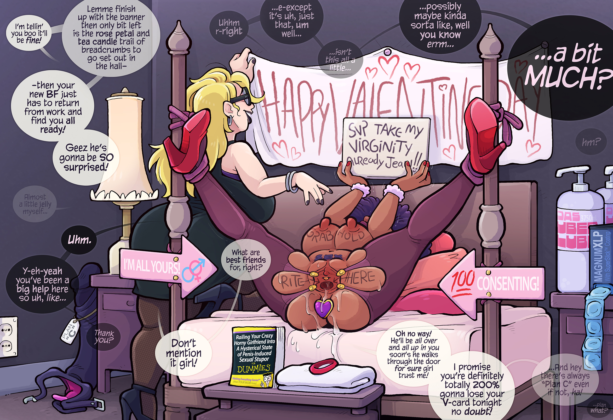 2d, 2girls, anus, asking for it, ass, banner, bed, bedroom, bisexual, bisexual female, bodily fluids, body writing, bondage, bound, bound ankles, bound legs, breasts, buttplug, clitoris, clothed, clothing, cock ring, comic, condom, condom box, condom packet strip, condoms, consent, dark skin, dark-skinned female, dialogue, english dialogue, english language, english text, female, female human, for dummies, free use, gem buttplug, genital fluids, grool, heels, holidays, human, human female, imminent sex, imminent vaginal, implications, interracial, inviting, inviting to sex, legs apart, legs spread, legs up, light skin, light-skinned female, lube, naked, naked female, nipples, nude, nude female, original character, pale skin, pale-skinned female, pussy, pussy juice, restrained, restraints, sex toy, sign, sparrow (artist), spread legs, spread pussy, stockings, strap-on, sweat, tagme, text, towel, urethra, vagina, valentine's day, virgin, virginity loss, wet, wet pussy