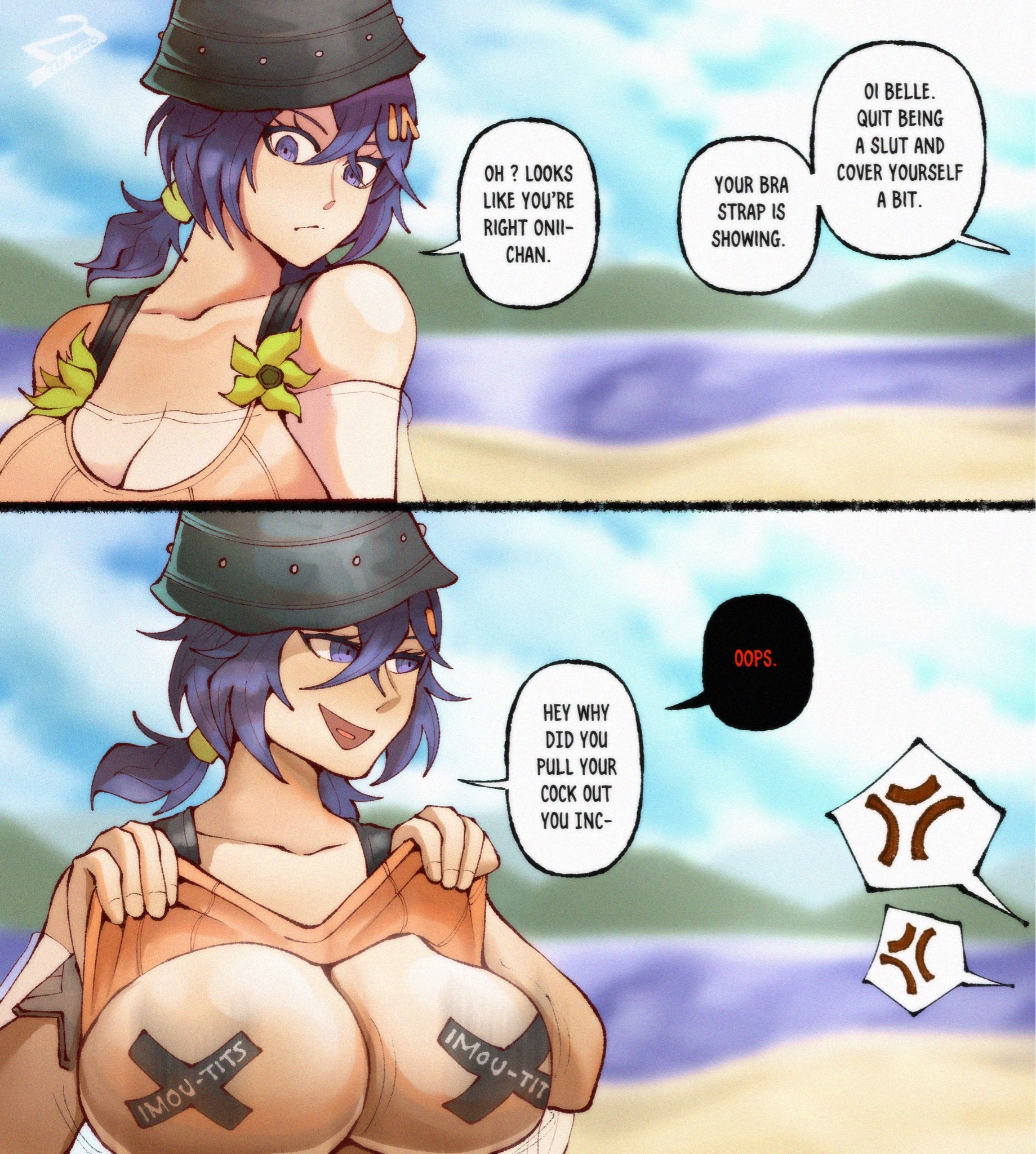 1girls, 27thnao, alternate breast size, belle (summer skies) (zenless zone zero), belle (zenless zone zero), big breasts, bra strap is showing (meme), brother and sister, cleavage, female, female focus, hoyoverse, huge breasts, incest, large breasts, light skin, light-skinned female, male pov, mihoyo, mihoyo technology (shanghai) co. ltd., official alternate costume, talking to viewer, teasing, teasing viewer, wise (zenless zone zero), zenless zone zero