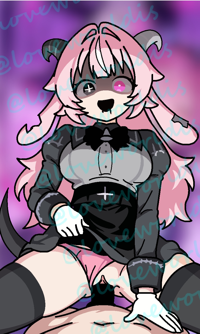 1boy, 1girl, absurdres, animal ears, bell, bell bow, black bow, black dress, blush, bow, breasts, breasts out, censored, cowgirl position, dress, drunken goddess reflux, femme soule, girl on top, gloves, goat ears, goat horns, grey dress, hair intakes, hetero, heterochromia, highres, horns, large breasts, long hair, long sleeves, looking at viewer, nipples, open mouth, pink eyes, pink hair, pink panties, pink underwear, pukey goddess shot trick, pussy, sex, smile, solo, spread legs, straddling, two-tone dress, vaginal, vaginal penetration, white gloves