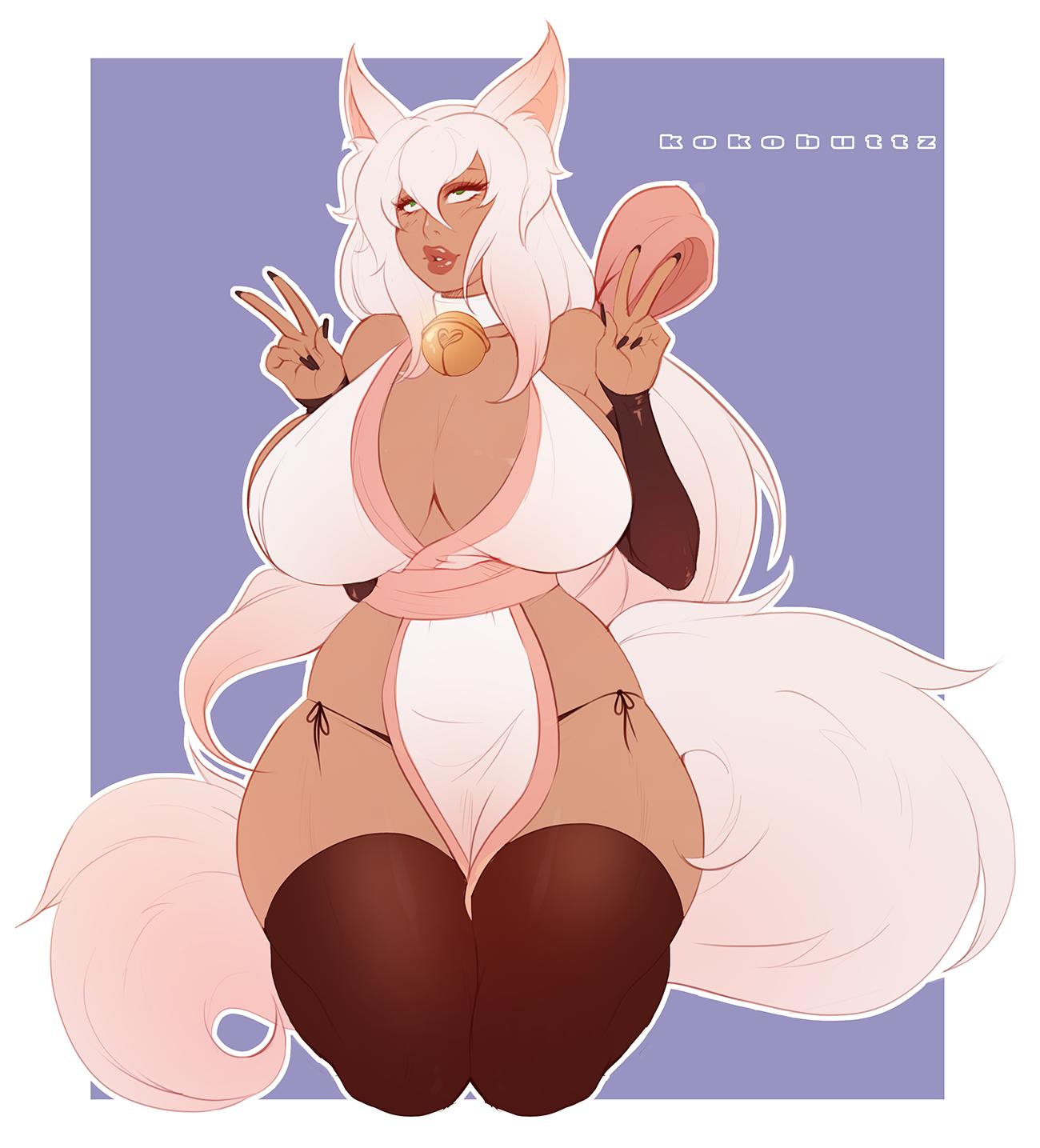 1girls, animal ears, artist name, big breasts, breasts, clothing, female, female only, green eyes, hair, kokobuttz, large breasts, long hair, panties, solo, tail, thick thighs, thighhighs, thighs, v, watermark, white hair