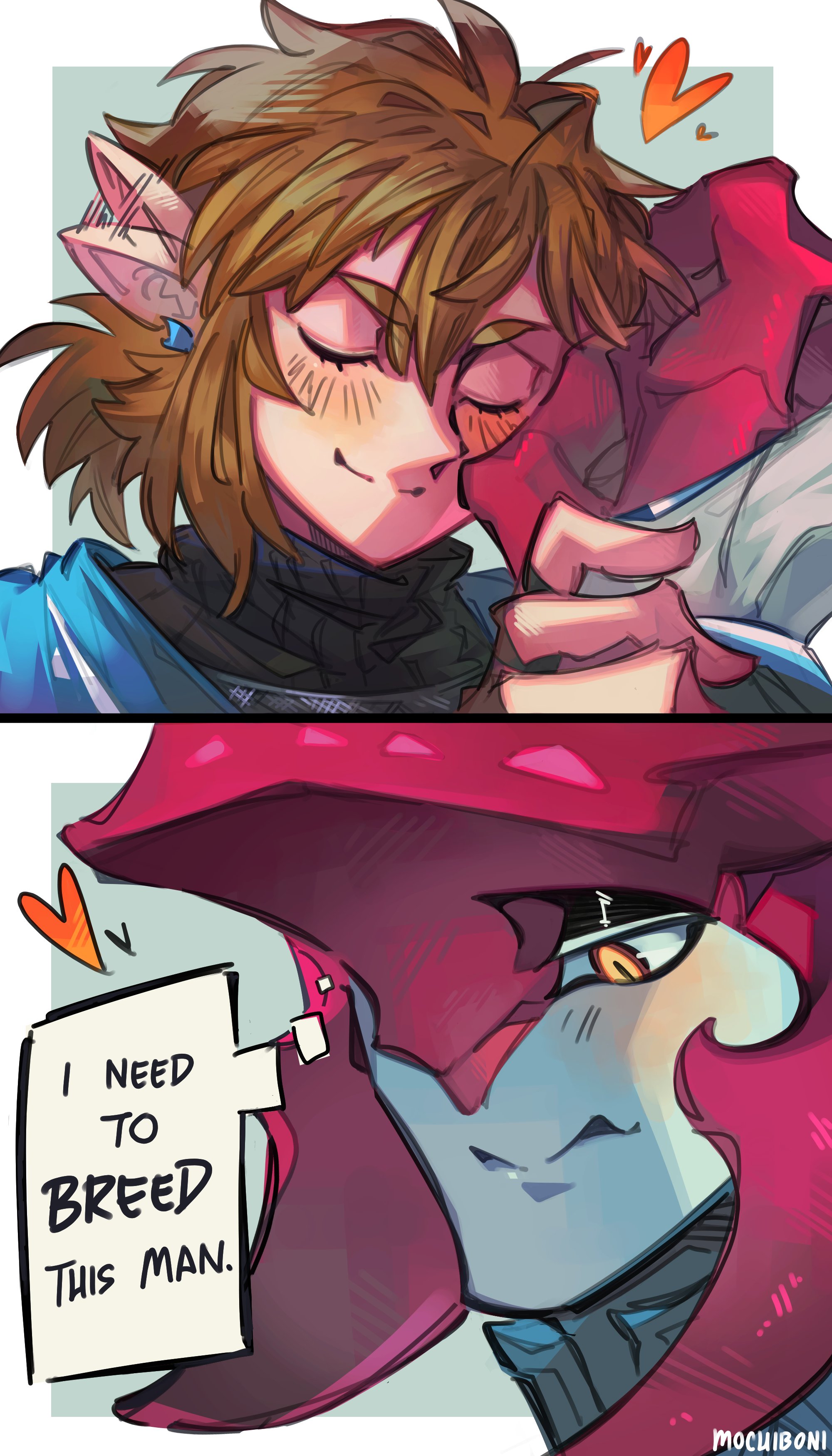 blonde hair, blush, breath of the wild, cuddling, ear wiggle, earrings, gay, gay male, inner monologue, link, link (breath of the wild), mochiboni, pointy ears, pretty boy, prince sidon, sidon (zelda), smiling, the legend of zelda, yaoi, yellow eyes, zora