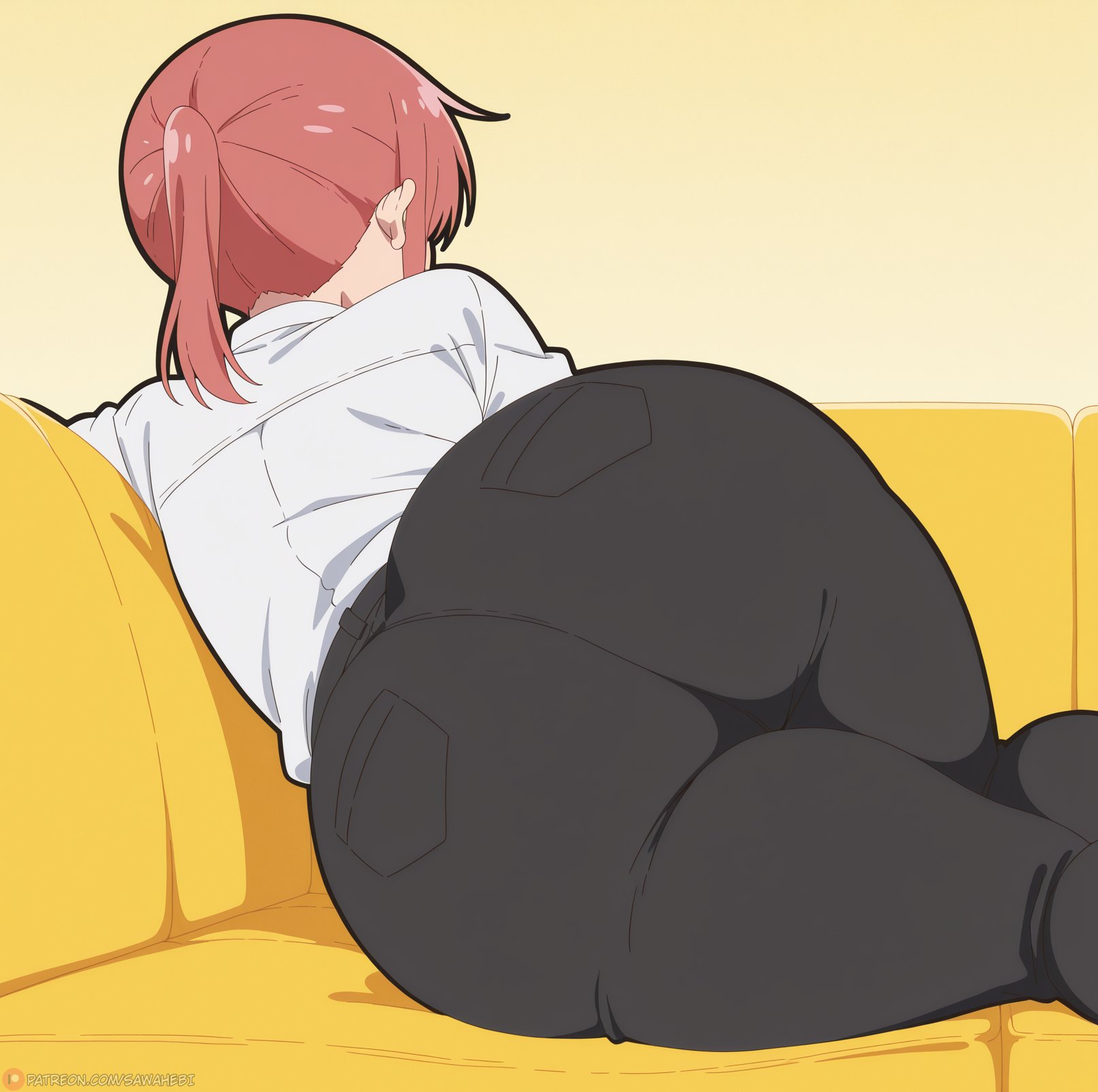 1female, 1females, 1girl, 1girls, ai, ai assisted, ai generated, ai-created, ass, ass focus, back pockets, big ass, big butt, big thighs, black jeans, booty, butt, butt focus, couch, dat ass, dat butt, facing away, fat ass, female, female focus, female only, hot, jeans, kobayashi, kobayashi (maidragon), kobayashi-san chi no maidragon, large ass, large butt, laying on couch, laying on side, looking away, lying, lying on side, ponytail, red hair, sawahebi, sexy, sexy female, solo, solo female, solo focus, thick ass, thick thighs, white clothing, white shirt, yellow couch
