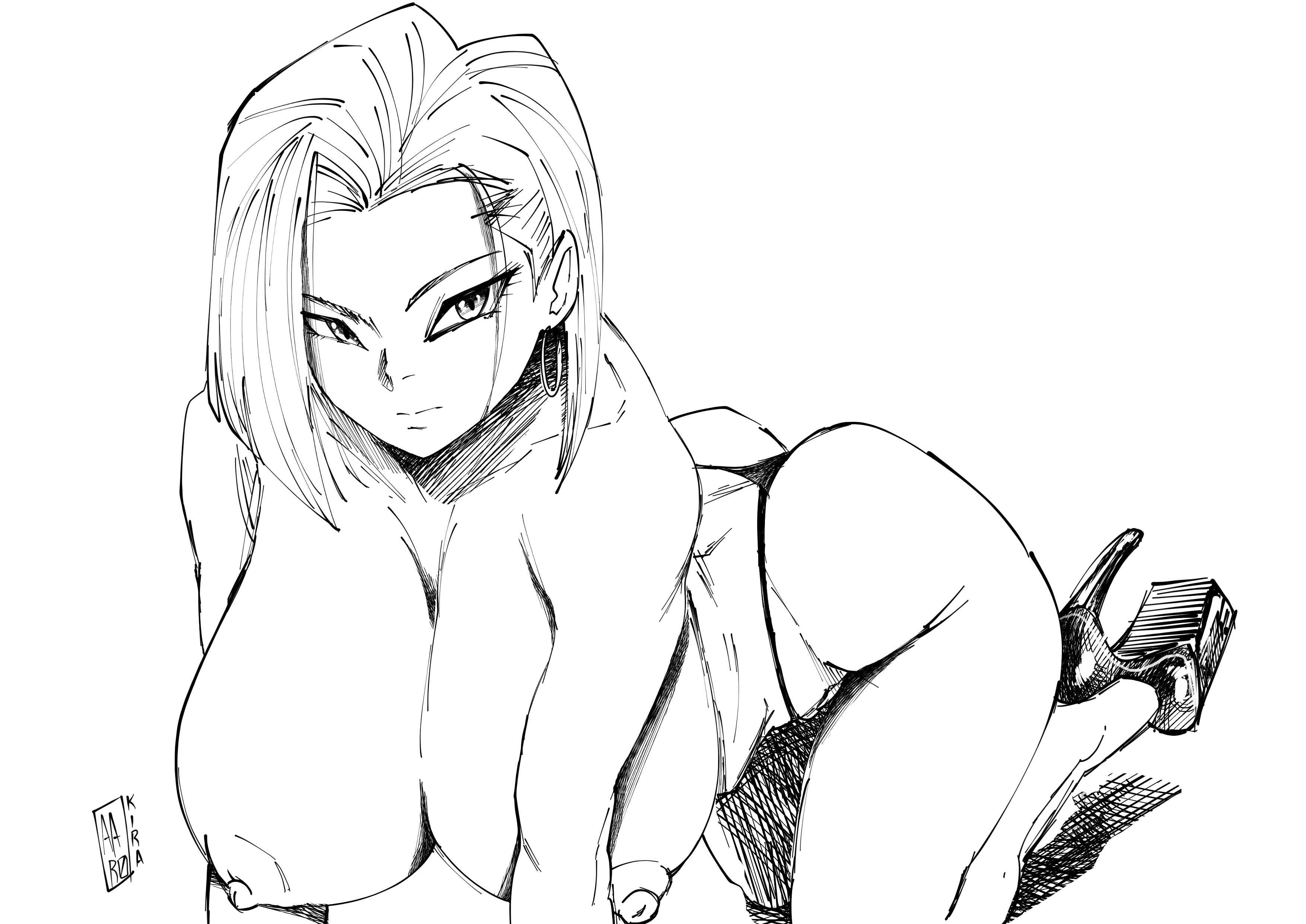 1girls, aarokira, android 18, ass, breasts, cameltoe, cleavage, curvy, dragon ball, erect nipples, female, gigantic breasts, huge areolae, huge ass, monochrome, nipples, puffy nipples, pussy, short hair, thick lips, voluptuous, wide hips