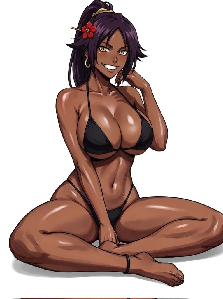 1girl, bleach, dark-skinned female, gold eyes, purple hair, shihouin yoruichi