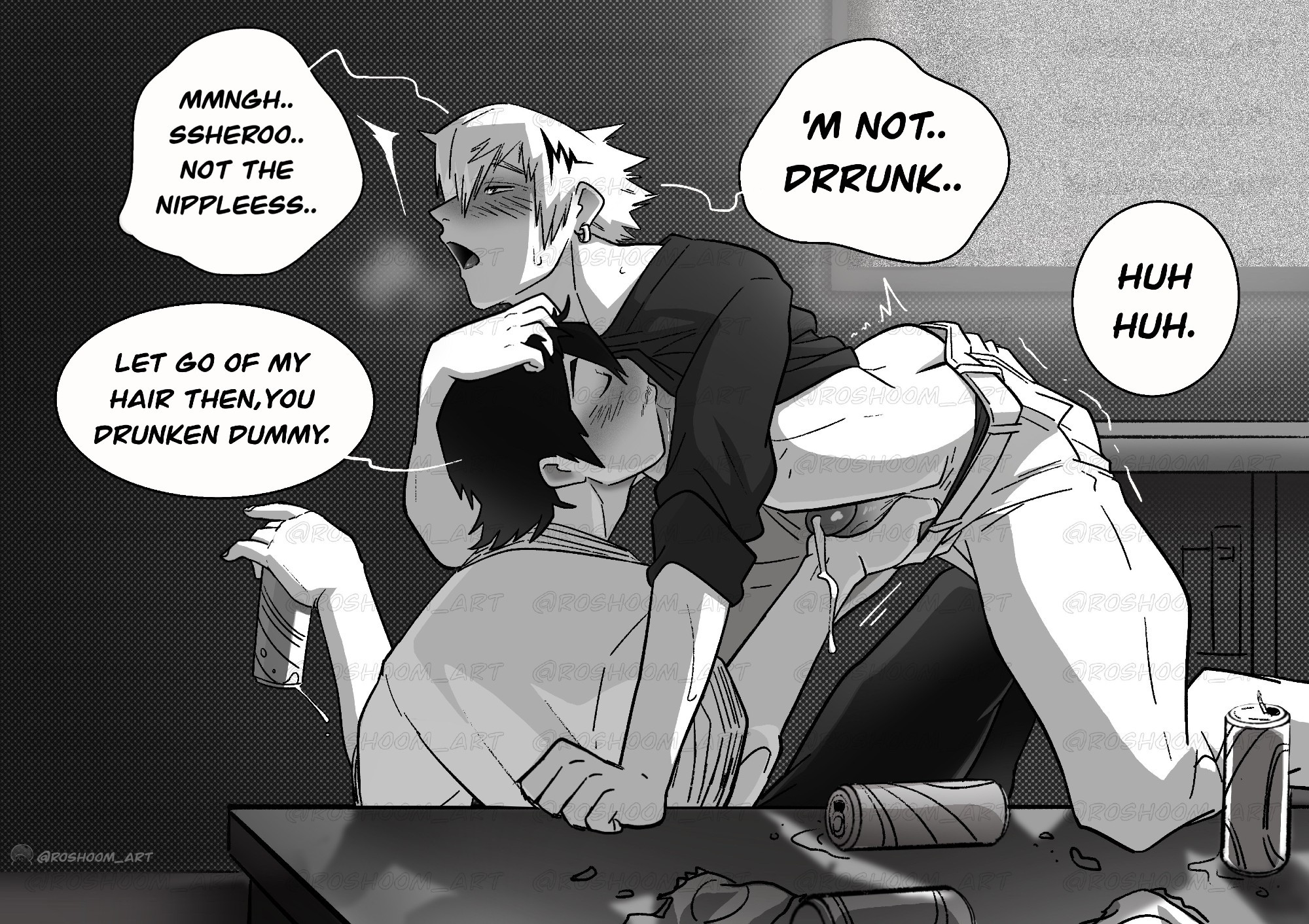 2boys, black hair, black hair male, boku no hero academia, cock, denki kaminari, dick, english text, gay, gay male, genitals, handjob, hanta sero, male, my hero academia, nipple suck, open mouth, penis, precum, roshoom, semen, speech bubble, sucking nipples, talking, text, text bubble