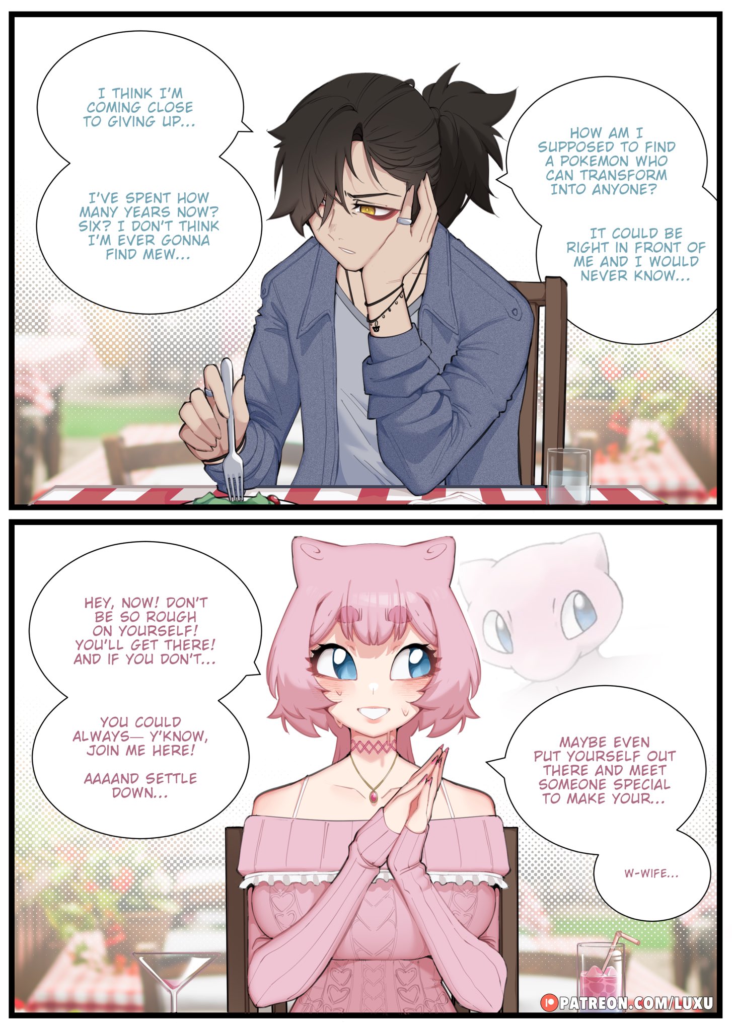 1boy, 1girls, amber eyes, black hair, blue eyes, blush, dialogue, english text, eyebrows visible through hair, eyeliner, female, generation 1 pokemon, hi res, human, humanized, legendary pokemon, looking away, luxurias, male, mew, nintendo, pink hair, pokemon, pokemon (species), ponytail, red eyeliner, speech bubble, thick eyebrows, vanessa (luxuriass), wholesome