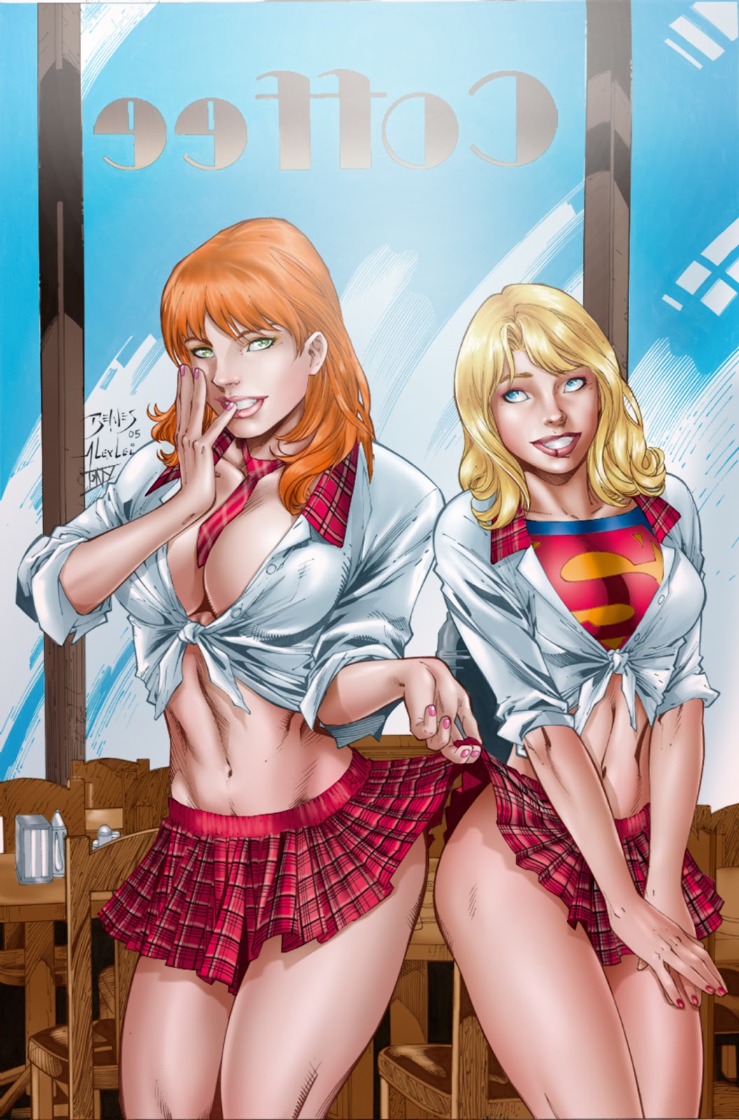 2005 2girls alex_lei alternate_costume argoan belly_button big_breasts blonde_hair blue_eyes breasts busty caitlin_fairchild cleavage colored crossover curvaceous curvy dc_comics ed_benes ed_benes_studio female female_only gen¹³ ginger green_eyes hand_to_mouth hand_to_own_mouth human kara_zor-el kryptonian large_breasts long_hair metahuman midriff miniskirt multiple_girls nail_polish navel orange_hair pink_nail_polish pink_nails pinup plaid_skirt red_hair red_miniskirt red_nail_polish red_nails red_skirt red_tie redhead school_uniform schoolgirl schoolgirl_uniform shirt skirt skirt_lift skirt_pull skirt_tug smile smiling stomach supergirl superheroine superman_(series) teasing thick_thighs thighs tie tony_ramirez voluptuous white_shirt wildstorm