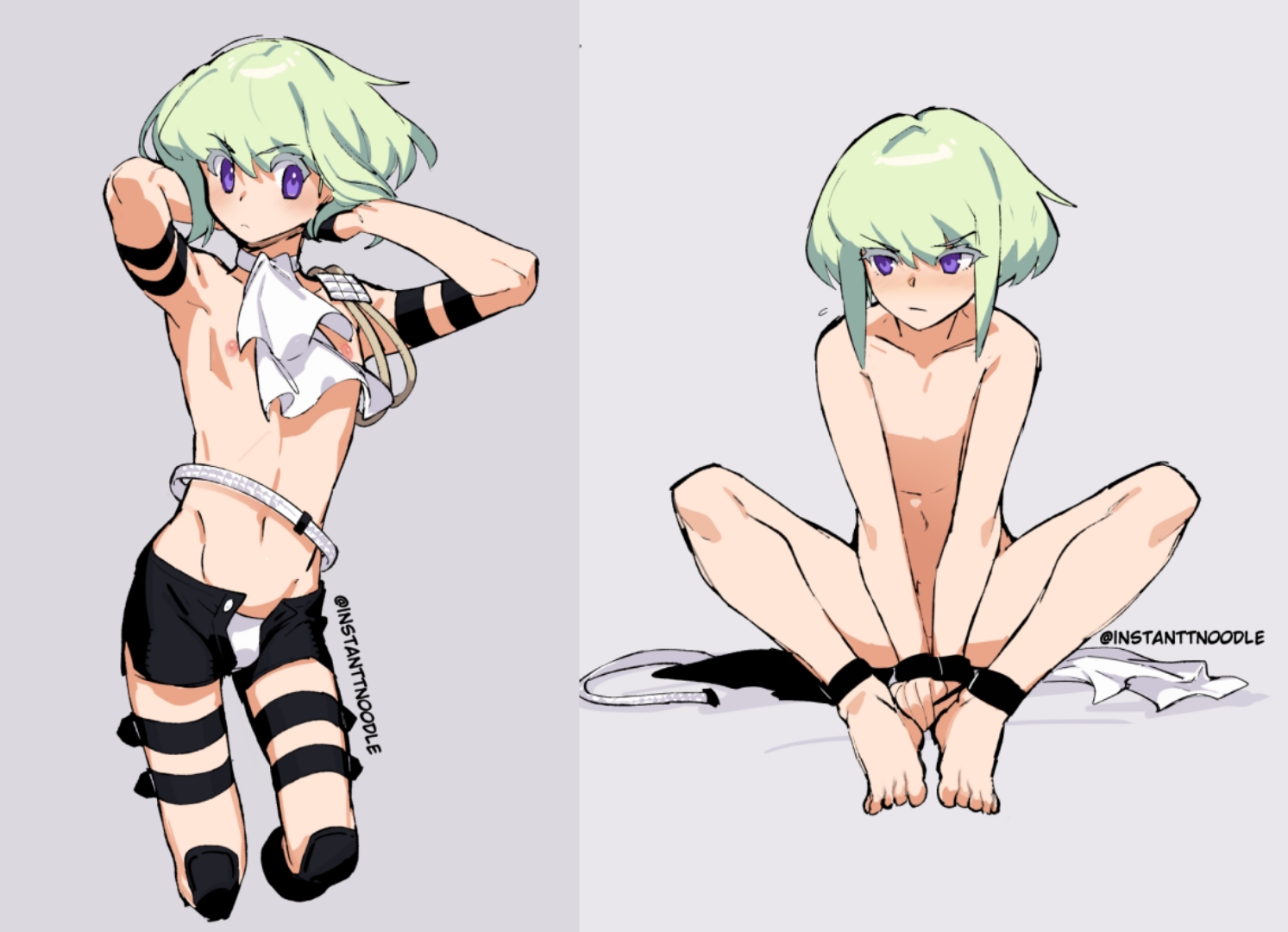 1boy, androgynous, bob cut, bulge, embarrassed, femboy, femboy only, fully nude, instanttnoodle, lio fotia, male, minishorts, multiple views, petite, petite body, petite male, promare, short hair, slim, slim male, slim waist, solo, twink