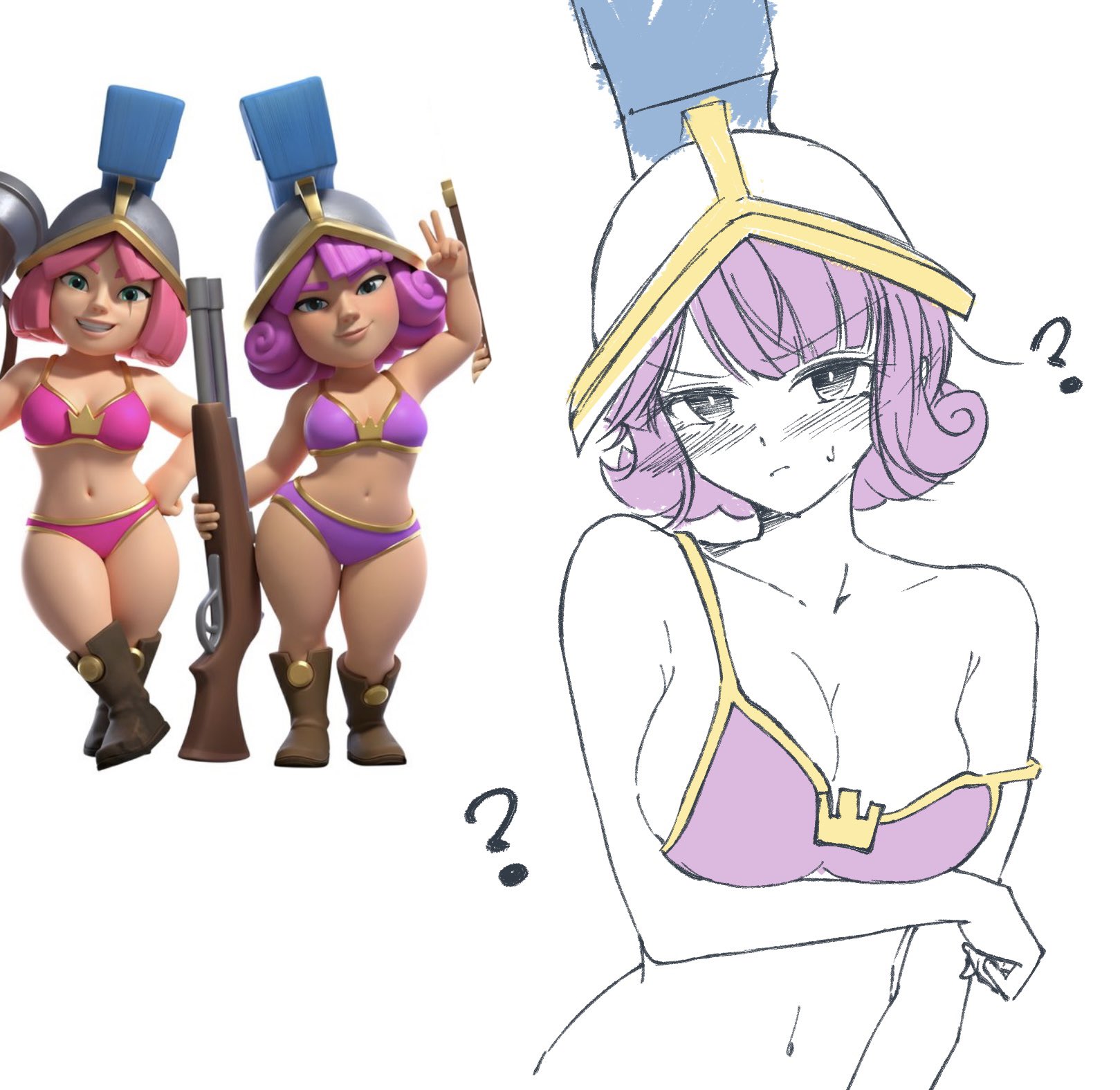 1girls, blush, clash (series), clash royale, clothed, female, haruse cr, supercell, sweat, sweatdrop, three musketeers (clash royale)