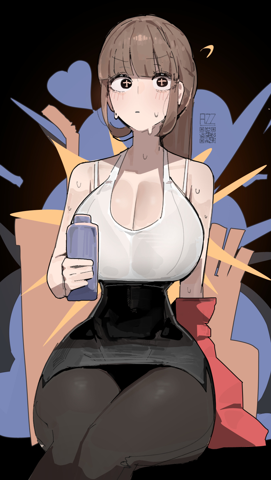 1girls, 2d, 2d (artwork), abstract background, azz0422, bangs, big breasts, black eyes, breasts, brown hair, cross shaped pupils, high waisted skirt, leggings, oc, original character, ponytail, solo, sports bra, sweat, tank top, water bottle, white sports bra