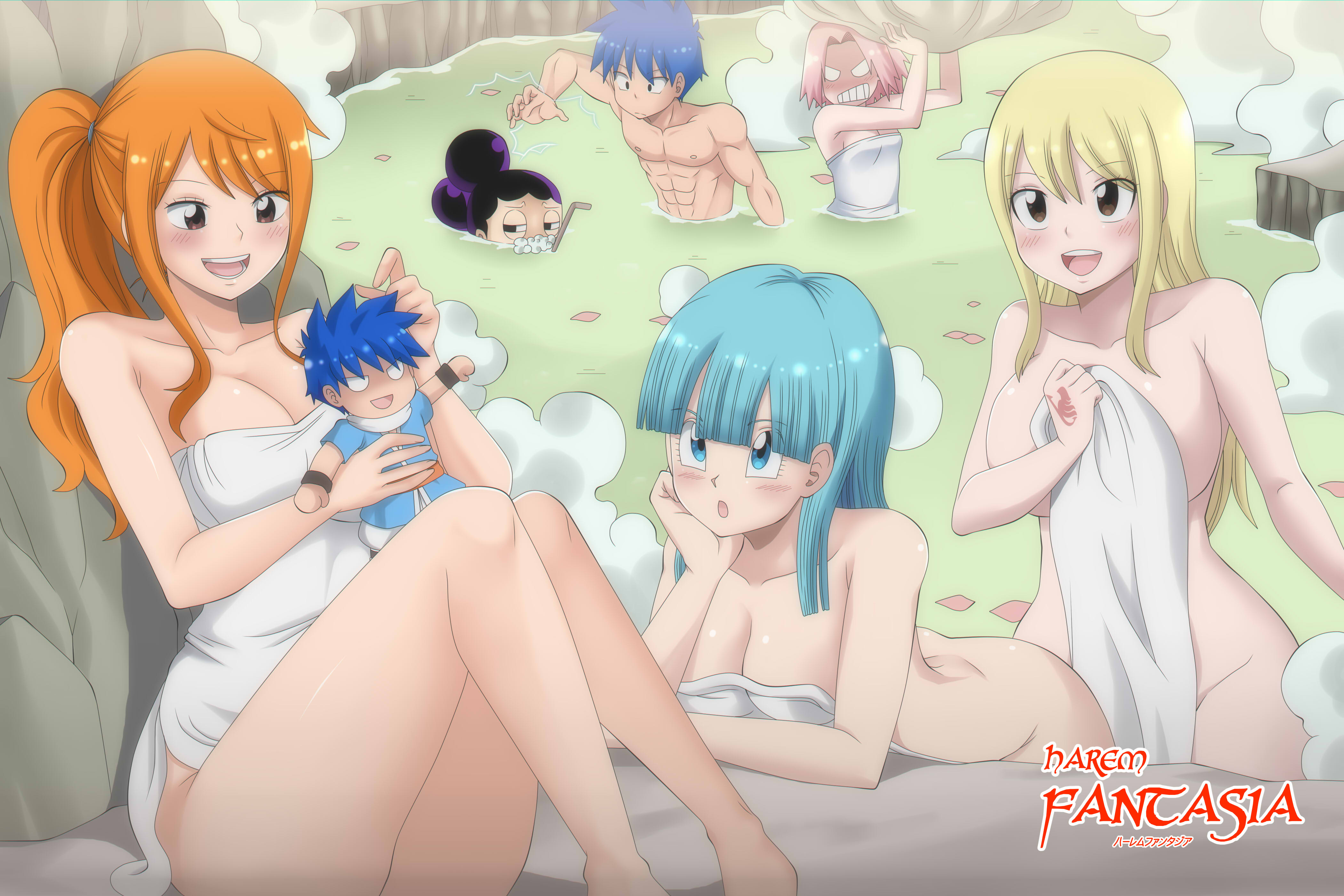 2boys, 4girls, abs, athletic female, bathing, bathing together, bent over, big breasts, blonde hair, blonde-haired female, blue eyes, blue hair, blue-eyed female, blue-haired female, blue-haired male, blush, blush lines, blushing female, boku no hero academia, brown eyes, brown-eyed female, bulma briefs, casual, casual nudity, cleavage, cleft of venus, clenched teeth, co-ed, co-ed bathing, collarbone, comic, cover, crossover, dmayaichi, doll, doll boy, dragon ball, edate, eyebrows, eyelashes, fairy tail, fairy tail mark, female, fit female, groin, hand tattoo, harem fantasia, hot spring, light-skinned female, long hair, long-haired female, lucy heartfilia, male, minoru mineta, mixed bathing, muscular male, my hero academia, nami (one piece), naruto, naruto (series), naruto shippuden, nudism, nudist, nudity, one piece, onsen, open mouth, orange hair, orange-haired female, original character, petals, petals on liquid, pink hair, pink tattoo, pink-haired female, ponytail, purple hair, purple-haired male, rock, sakura haruno, sakura petals, shiny skin, short hair, short-haired female, sitting, sitting on floor, six pack, steam, tattoos, tied hair, toned female, towel, towel only, v-line, voluptuous, voluptuous female, water