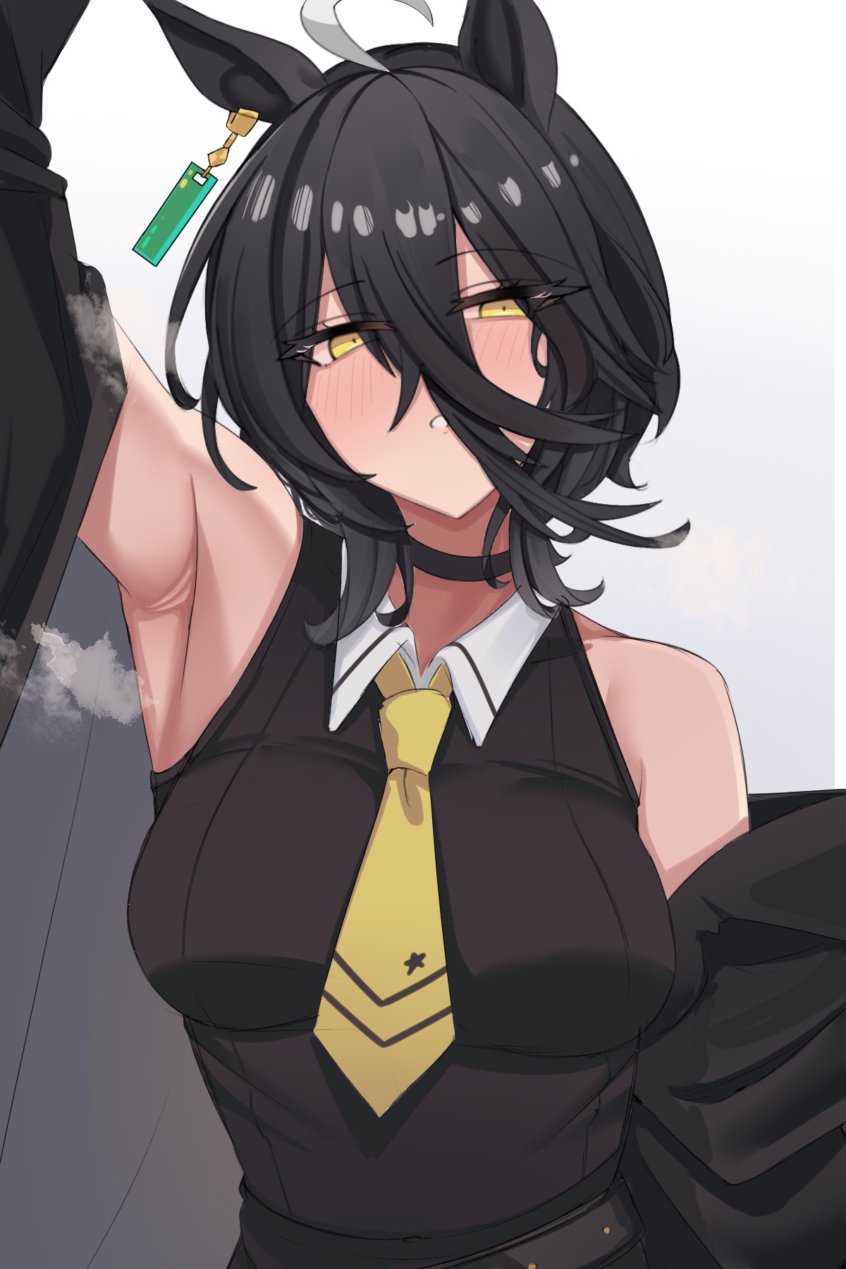 1girls, ahoge, alternate costume, alternate hair length, alternate hairstyle, armpit focus, armpits, bare shoulders, black hair, black shirt, blush, breasts, commentary request, female, gradient background, grey background, hair between eyes, highres, horse girl, lengkuass, looking at viewer, manhattan cafe (umamusume), medium breasts, multicolored hair, necktie, shirt, short hair, sleeveless, sleeveless shirt, solo, steam, steaming body, steamy armpits, streaked hair, umamusume, white hair, yellow eyes, yellow necktie