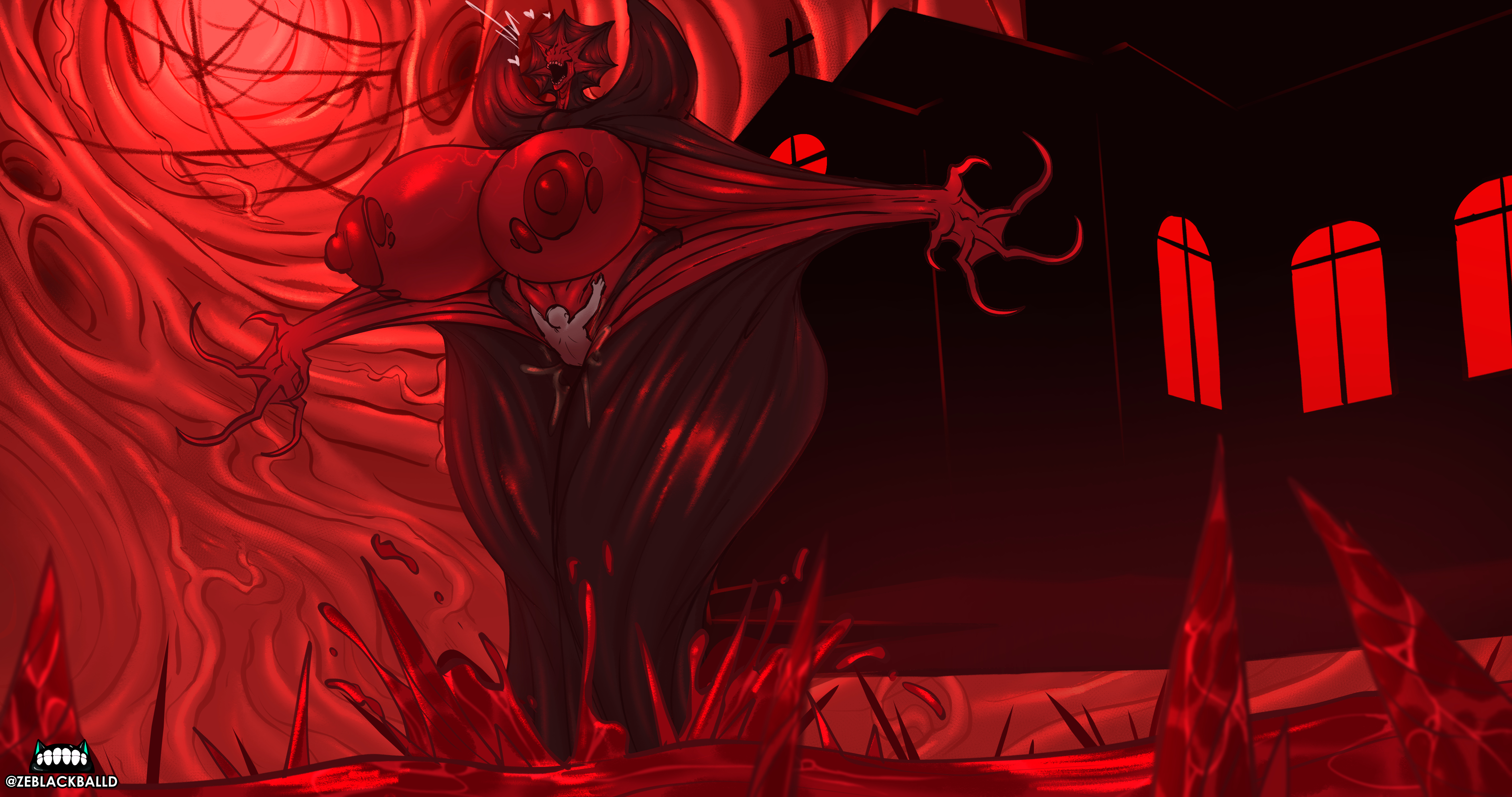 1boy, 1girls, eldritch horror, hearts around head, large breasts, larger female, size difference, smaller male, the gore bride (zeblackballd), thick thighs, vaginal, vaginal penetration, vaginal sex, ze blackball.d, zeblackballd (artist)