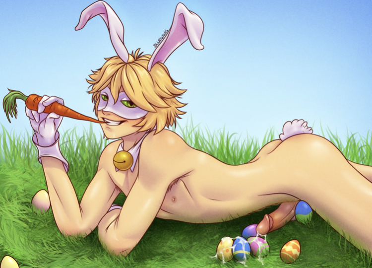1boy, adrien agreste, blonde hair, bludwing, bunny ears, carrot, easter bunny, easter egg, femboy, gay, gay male, green eyes, light skin, male, male only, miraculous ladybug, solo, twink, yaoi