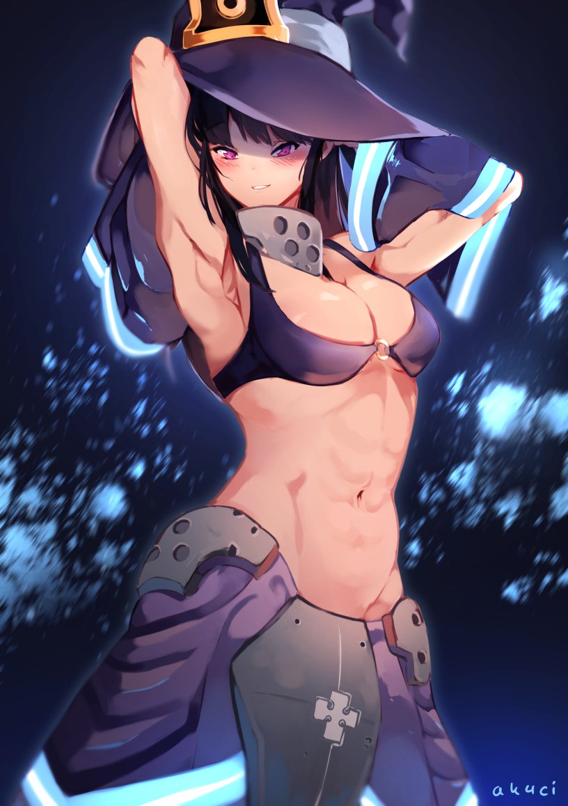 1girls, 2d, 2d (artwork), 2d artwork, abs, adult, adult female, ak4ci, alternate version at source, alternate version available, arm behind head, armpit, armpit crease, armpit peek, armpits, bare armpits, bare arms, bare belly, bare chest, bare hands, bare midriff, bare navel, bare shoulders, bare skin, belly, belly button, bikini, bikini top, black background, black bikini, black bikini top, black hair, black swimsuit, black swimwear, black-haired female, blush, blush face, blushing at viewer, blushing female, blushing lines, breasts, busty, busty female, busty girl, cleavage, collarbone, curvaceous, curvaceous body, curvaceous female, curvaceous figure, curvaceous hips, curvy, curvy body, curvy female, curvy figure, curvy hips, dark background, digital, digital art, digital drawing, digital drawing (artwork), digital media, digital media (artwork), elbows, en'en no shouboutai, enen no shouboutai, exposed armpits, exposed arms, exposed belly, exposed chest, exposed midriff, exposed navel, exposed shoulders, exposed skin, female, female focus, female only, fingers, fire force, groin, hairless armpits, halterneck, hand behind head, head tilt, high resolution, highres, hourglass figure, large breasts, lean figure, long hair, looking at viewer, maki oze, mature, mature female, midriff, more at source, muscular, muscular female, narrow waist, navel, neck guard, parted lips, ponytail, posing, posing for the viewer, presenting armpit, purple eyes, purple-eyed female, shaved armpits, shoulders, sidelocks, simple background, slender body, slender waist, slim waist, smile, smiley face, smiling, smiling at viewer, solo, standing, stomach, swimsuit, swimwear, tilted head, upper body, wide hips, witch hat