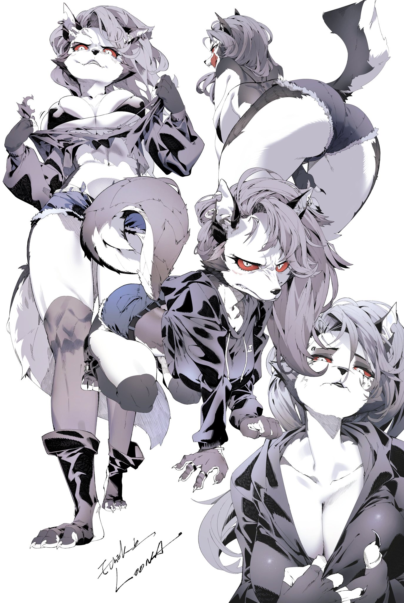 1girls, ass, bare arms, bare legs, bare shoulders, bare thighs, big ass, big breasts, big butt, bra, clothed, clothing, color, eureka brider, female, female focus, female only, furry, furry female, hellhound, helluva boss, hi res, jean shorts, large breasts, long hair, looking at viewer, loona (helluva boss), red eyes, solo, solo female, tagme, tail, thick thighs, white hair, wolf, wolf ears, wolf girl, wolf tail