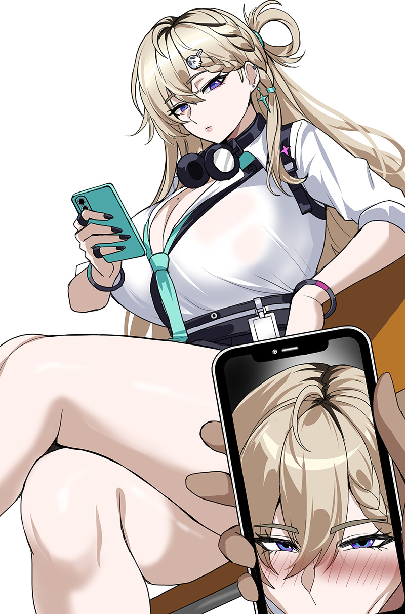 :>=, 1boy, 1girls, black skirt, blonde hair, blush, braid, breasts, cellphone, chair, cleavage, drogod (artist), earrings, gyaru, hair ornament, headphones, hi res, huge breasts, implied fellatio, juxtaposition, legs crossed, long hair, looking at viewer, lynae (wuthering waves), mole, mole on breast, nail polish, necktie, offscreen blowjob, photo (object), pov, pov hands, purple eyes, ring, school uniform, simple background, sitting, thick thighs, thighs, white background, white shirt, wristband, wuthering waves