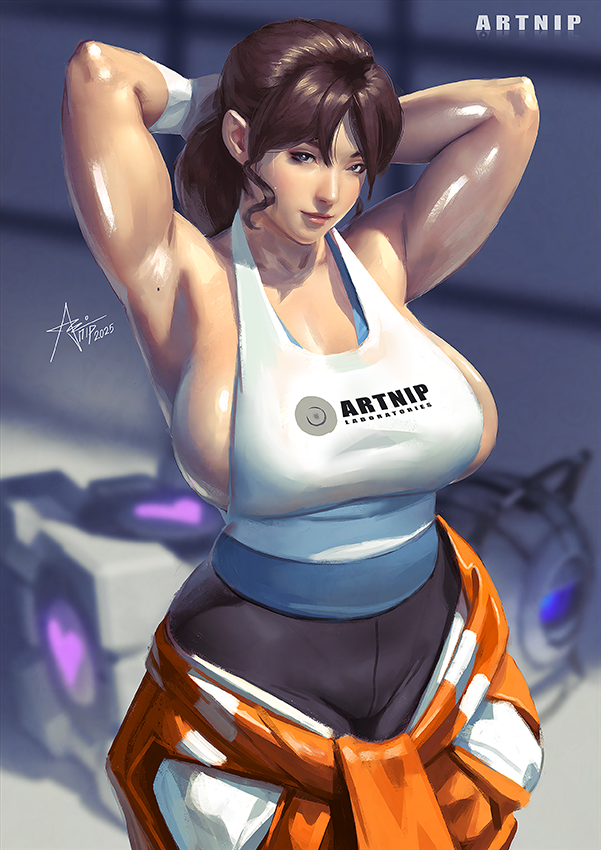 1girls 2d_(artwork) 2others 3d_render armpits artnip black_pantyhose breasts brown_hair chell clothes_around_waist gloves hands_behind_head huge_breasts jumpsuit large_breasts mole mole_on_armpit no_bra orange_jumpsuit pantyhose ponytail portal_(series) sideboob solo_focus strap_gap sweat sweaty tank_top weighted_companion_cube wheatley white_gloves