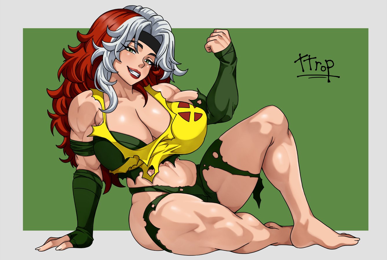 1girls, 2025, barefoot, big breasts, child bearing hips, cleavage, female, female only, flexing, flexing bicep, green eyes, headband, horny, horny female, huge breasts, looking at viewer, looking pleasured, marvel, marvel comics, marvel rivals, muscular, muscular female, posing, posing for the viewer, red and white hair, ripped clothing, rogue (savage land), rogue (x-men), thick thighs, thunder thighs, torn clothes, torn clothing, ttrop, x-men