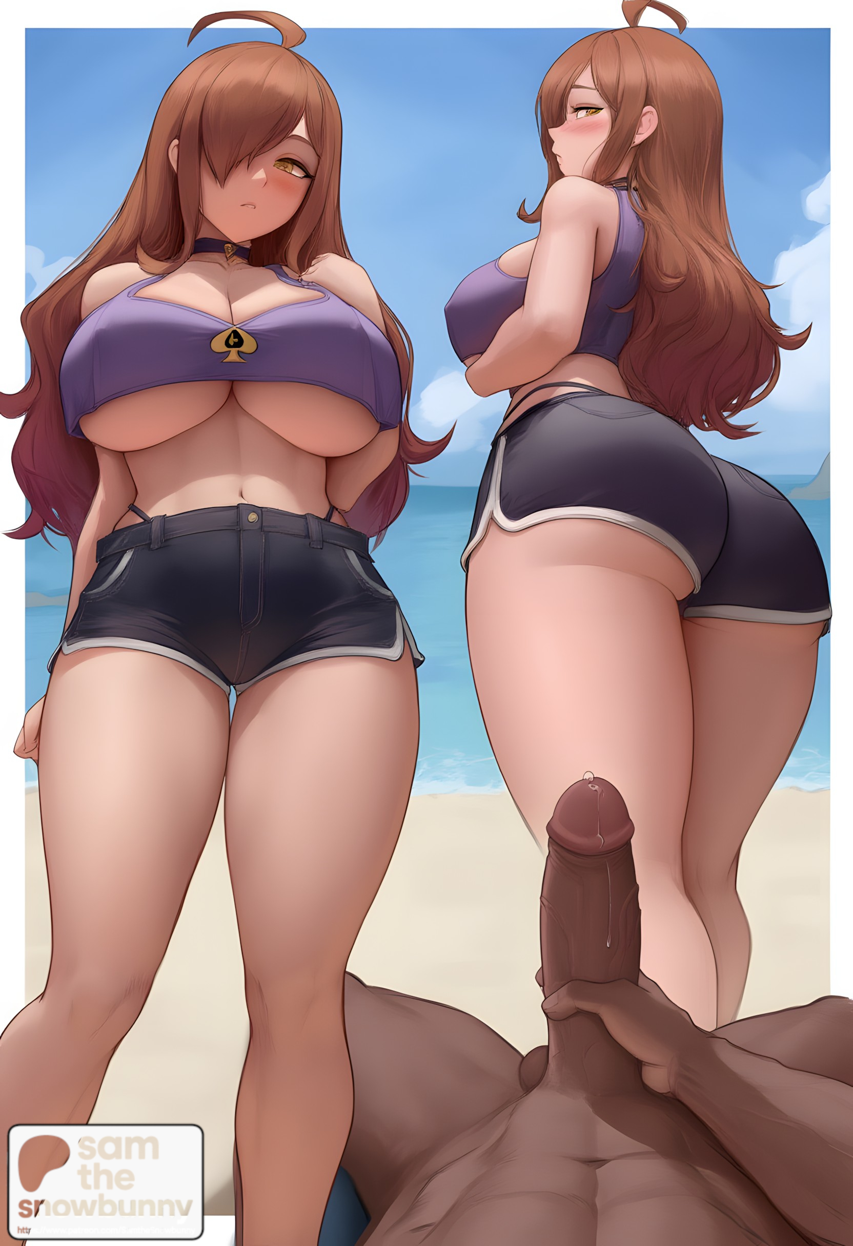 1boy, 1girls, 2d, ai generated, ass, big ass, big breasts, breasts, dark-skinned male, erection, female, female focus, full body, interracial, kono subarashii sekai ni shukufuku wo!, large penis, patreon username, penis, qos, qos tattoo, queen of spades, sam the snowbunny, smile, straight, sweat, tattoo, thick, thick thighs, uncensored, wiz (konosuba)