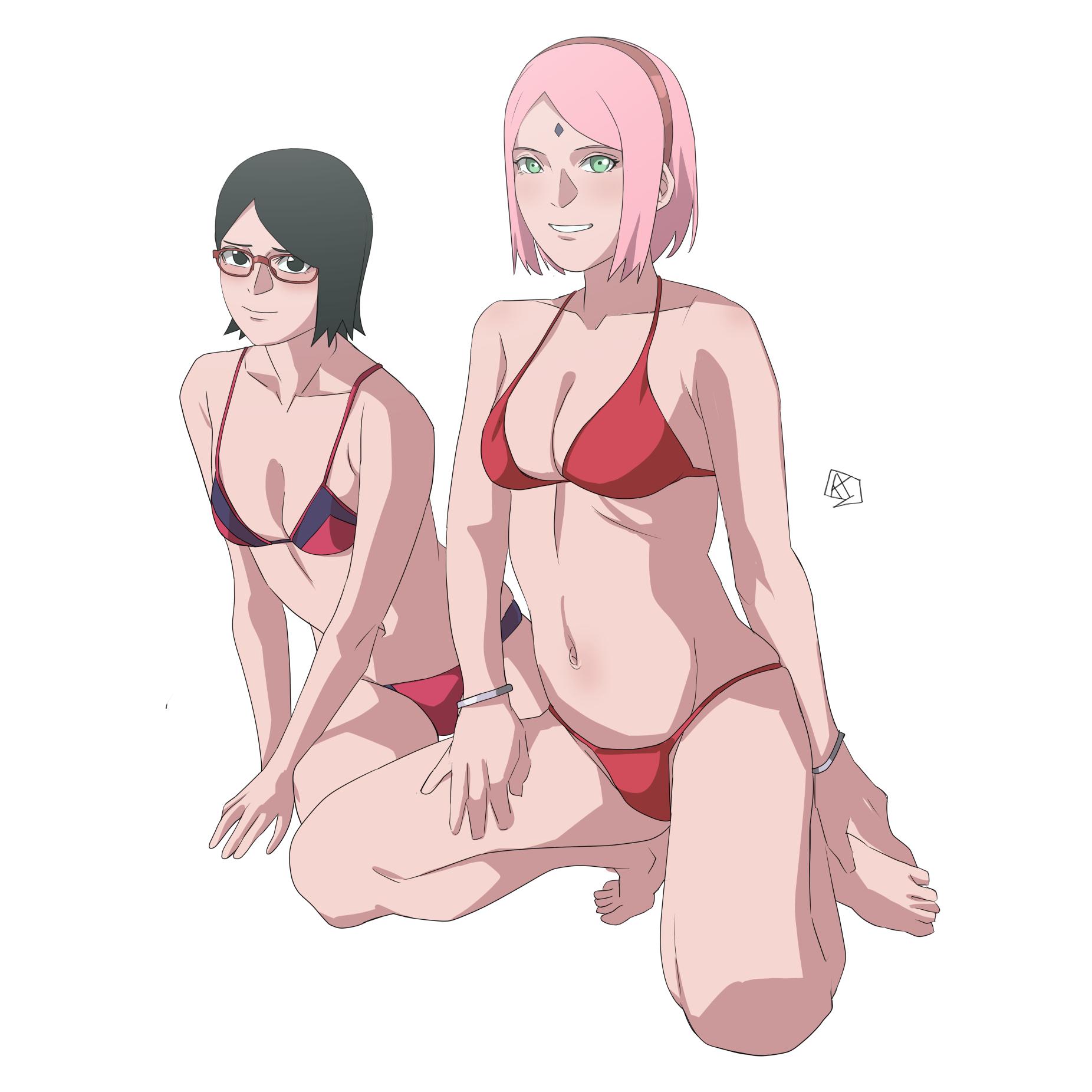 2girls, aldwelter, bare arms, bare belly, bare calves, bare chest, bare hands, bare hips, bare knees, bare legs, bare midriff, bare navel, bare shoulders, bare skin, bare soles, bare thighs, bare toes, barefoot, belly, bikini, bikini bottom, bikini only, bikini top, black eyes, black hair, black-eyed female, black-haired female, boruto: naruto next generations, exposed arms, exposed belly, exposed chest, exposed hips, exposed legs, exposed midriff, exposed navel, exposed shoulders, exposed skin, exposed thighs, exposed toes, female, female only, female torso, green eyes, green-eyed female, half naked, half nude, halterneck, haruno sakura, legs folded, linea alba, multiple females, multiple girls, naked, naked female, naked woman, naruto (series), nude, nude female, nudity, pink eyebrows, pink hair, pink hair female, pink-haired female, red bikini, red bikini bottom, red bikini top, red swimsuit, red swimwear, sakura haruno, sarada uchiha, semi nude, squat, squatting, squatting female, stomach, string bikini, swimsuit, swimwear, uchiha sakura, uchiha sarada