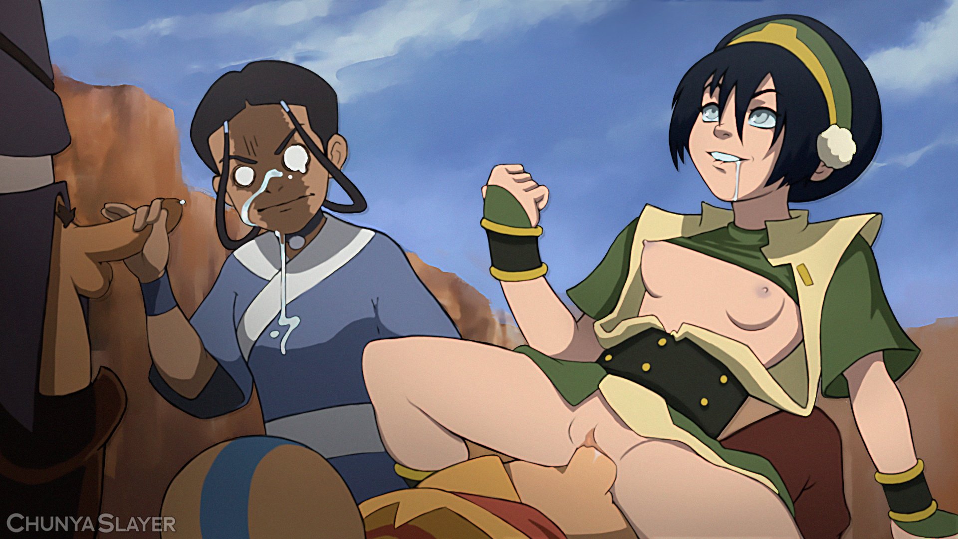 2boys, 2d, 2girls, aang, accurate art style, air nomad, airbender tattoo, annoyed, artist name, avatar legends, avatar the last airbender, balls, black hair, black-haired female, bottomless, breasts, breasts out, brother and sister, brown hair, brown-haired female, chocolate and vanilla, chunyaslayer, clitoris, clothed, clothed sex, cowgirl position, cum, cum on chest, cum on clothes, cum on face, dark-skinned female, dark-skinned male, drooling, earth kingdom, enjoying, faceless male, facial, female, foursome, fully clothed, girl on top, hair loopies, hairband, hand on penis, handjob, happy sex, incest, katara, light-skinned female, light-skinned male, male, male pubic hair, multiple boys, multiple girls, nickelodeon, nipples, open shirt, outdoor, outdoor sex, outdoors, penis, penis in pussy, penis out, pissed off, pussy, saliva, sex, small breasts, sokka, straight, stroking penis, tomboy, toph bei fong, unseen male face, unwanted cumshot, unwanted facial, vagina, vaginal penetration, vaginal sex, water tribe, white eyes
