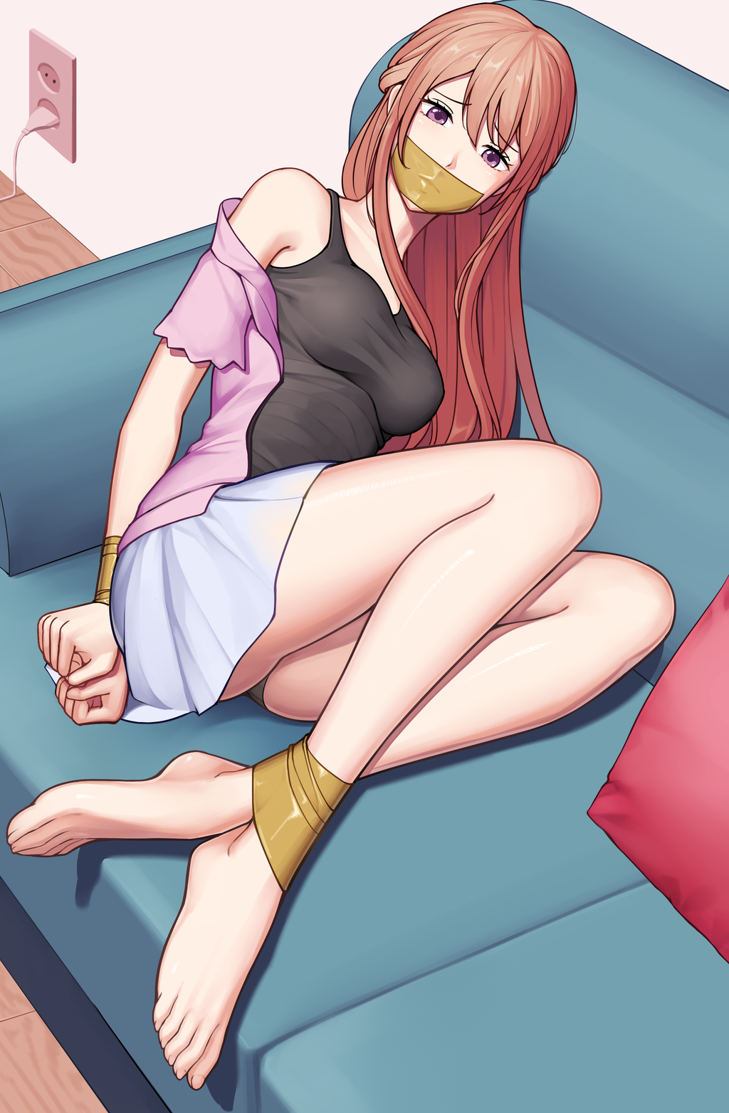 arms_behind_back bondage bound_ankles bound_wrists couch femsub gag gagged gbeeee kuzu_no_honkai large_breasts medium_breasts minagawa_akane miniskirt no open_shirt orange_hair short_skirt skirt tape tape_gag taped_ankles taped_mouth taped_wrists