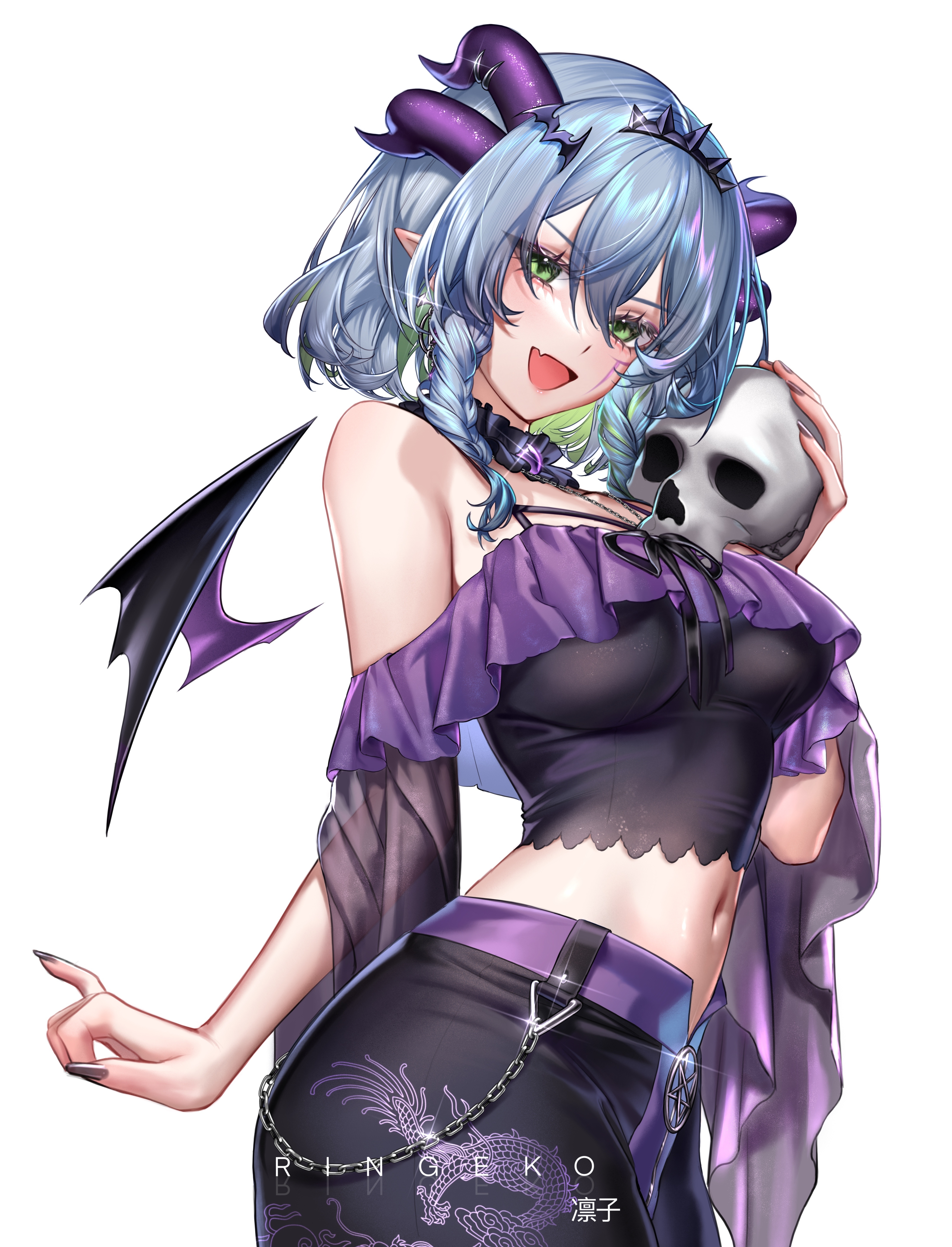 1girls, absurd res, absurdres, arched back, artist name, ass, bare shoulders, bat hair ornament, big ass, big breasts, black nails, blush, braid, braided hair, braids, breasts, camisole, collar, contrapposto, cowboy shot, crop top, detached collar, earrings, facial mark, female, female only, frilled camisole, frilled collar, frilled shirt, frills, from side, froot, goth, goth girl, green eyes, green hair, grey hair, hair ornament, hairband, high quality, high resolution, highres, hips, holding object, holding skull, horn piercing, horns, impossible clothes, impossible fit, indie virtual youtuber, large breasts, looking at viewer, medium breasts, midriff, mischievous, mischievous smile, multicolored hair, nail polish, naughty face, navel, off shoulder, off shoulder shirt, open mouth, painted nails, pale skin, pale-skinned female, pencil skirt, pinky out, pointy ears, pose, posing, ringeko chan, seductive, seductive pose, sexy, sexy pose, short hair, shoulders, side view, skirt, skull, slim waist, smile, solo, spiked hairband, thick thighs, thighs, twin braids, virtual youtuber, vtuber, waist, watermark, wide hips, wings