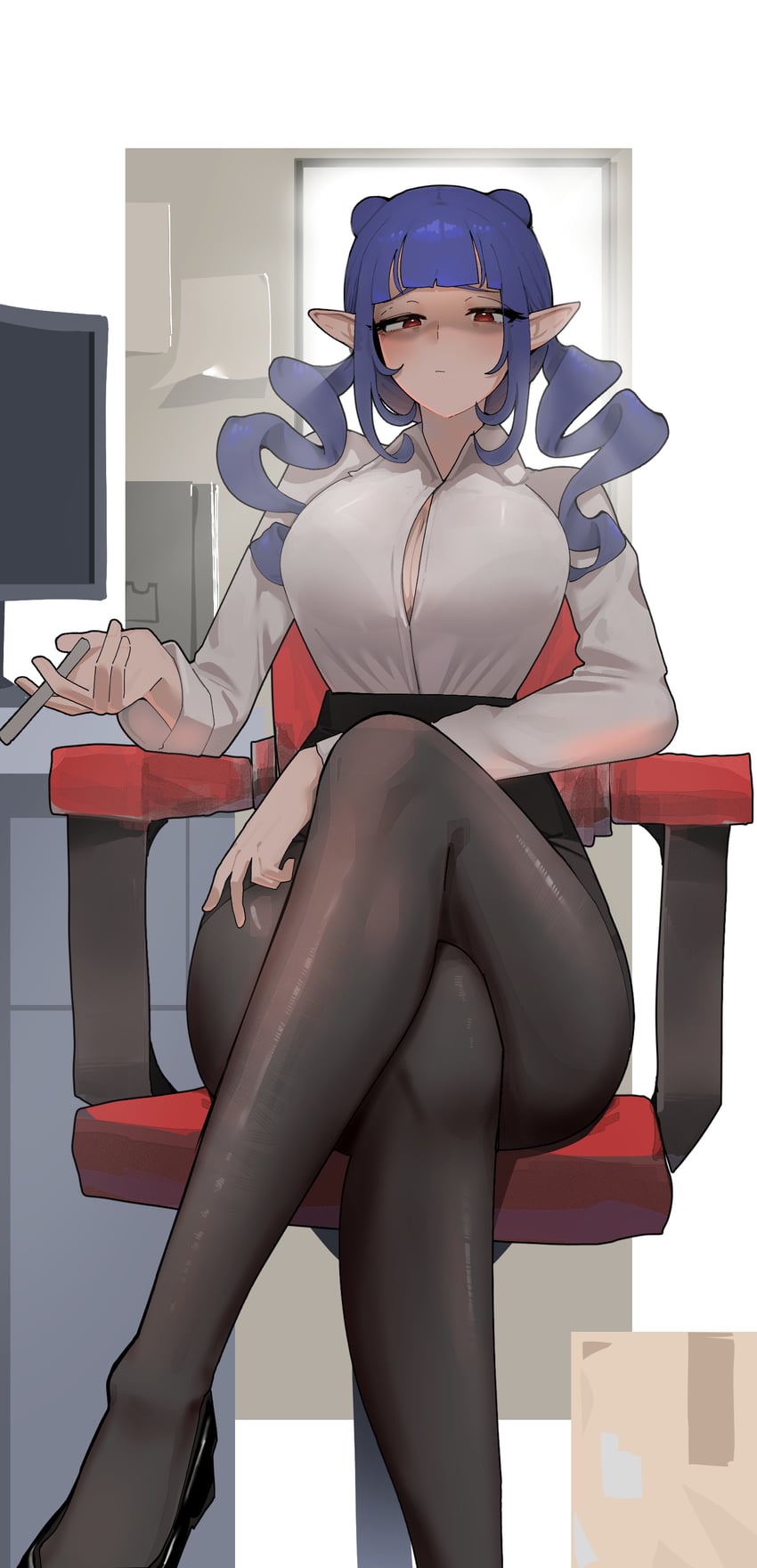 1girls, 2d, 2d (artwork), azz0422, bangs, blue hair, chair, cleavage, computer, crossed legs, dizzy dokuro, double bun, dress shirt, eyelashes, hair bun, heels, high waisted skirt, inner sideboob, large breasts, monitor, office, office chair, office lady, pantyhose, phase connect, pointy ears, red eyes, shirt, skirt, virtual youtuber, vtuber