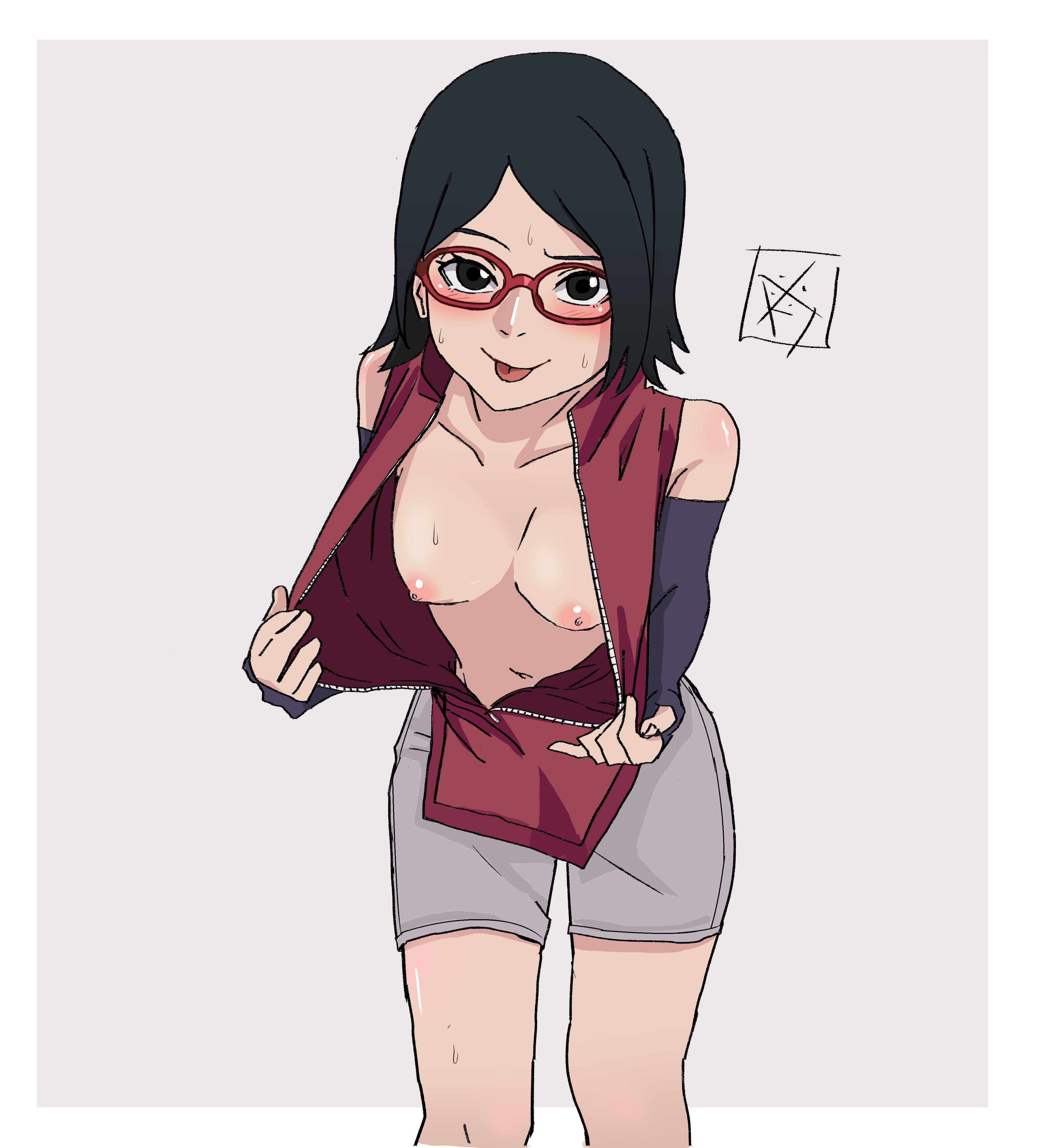 1girls, 2d, 2d (artwork), 2d artwork, aldwelter, areolae, belly, belly button, black hair, black-haired female, blush, blush face, blushing at viewer, blushing female, blushing lines, boruto: naruto next generations, breasts, closed mouth smile, collarbone, digital, digital art, digital drawing, digital drawing (artwork), digital media, digital media (artwork), exposing, exposing breasts, exposing chest, exposing nipple, exposing self, female, female focus, female only, fingers, high resolution, highres, lean figure, leaning forward, leanning, looking at viewer, medium breasts, medium hair, midriff, narrow waist, naruto (series), navel, nipples, parted bangs, petite, petite body, petite breasts, petite female, petite girl, petite tits, presenting breasts, sarada uchiha, short black hair, shorts, shoulders, showing breasts, showing chest, showing nipple, simple background, slender body, slender waist, slim waist, smile, smiley face, smiling, smiling at viewer, solo, standing, teen girl, teenage girl, teenage nipples, teenage tits, teenager, thigh gap, thighs, tongue, tongue out, uncensored, uncensored breasts, uncensored nipples, upper body, white background, young female, young woman