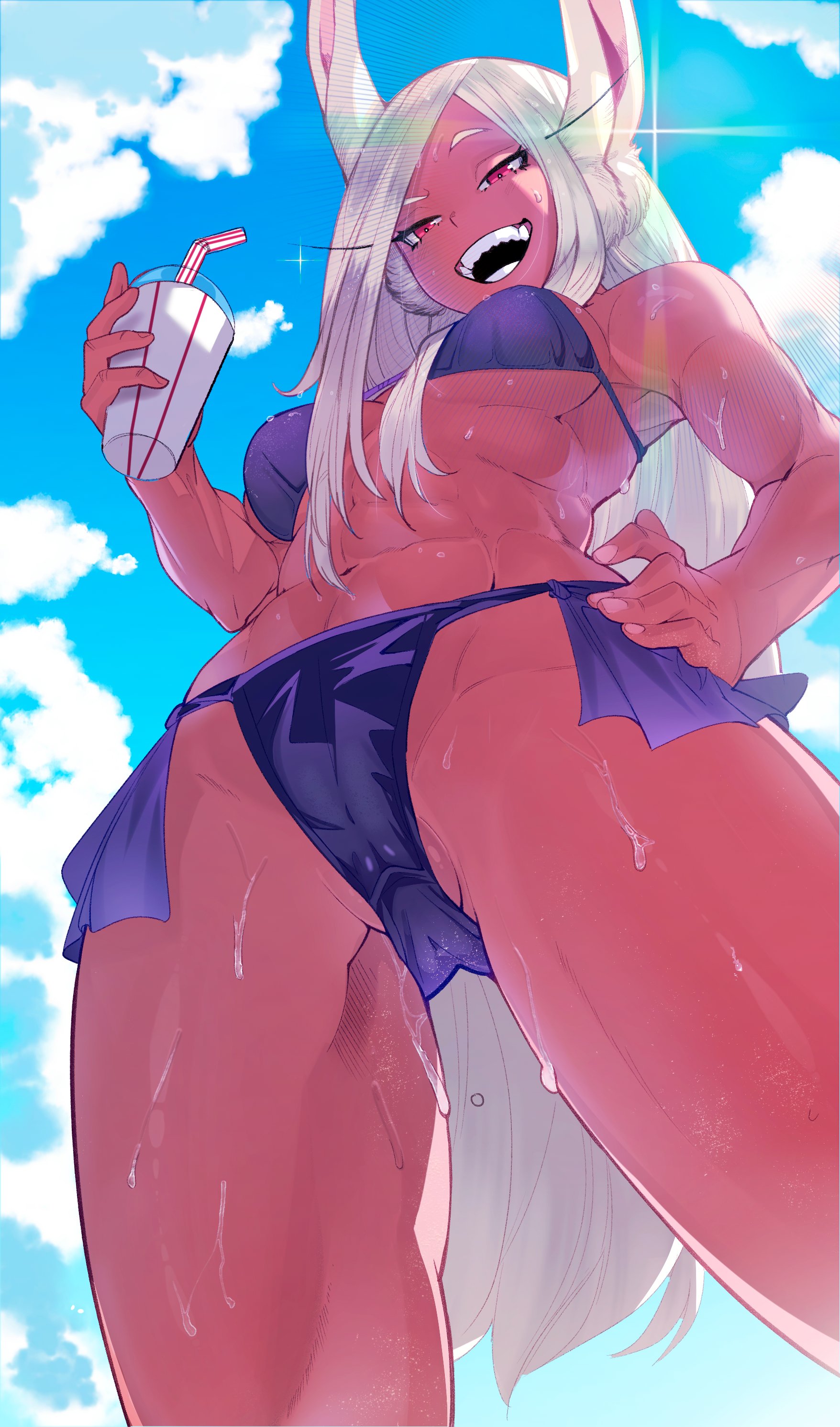 :d, 1girls, abs, animal ears, boku no hero academia, bunny ears, bunny girl, clauschristmas2, dark skin, dark-skinned female, hand on own hip, hi res, long eyelashes, long hair, miruko, muscular, muscular female, my hero academia, navel, obliques, open mouth, partially visible vulva, raised eyebrow, red eyes, rumi usagiyama, solo, very long hair, wet, white hair