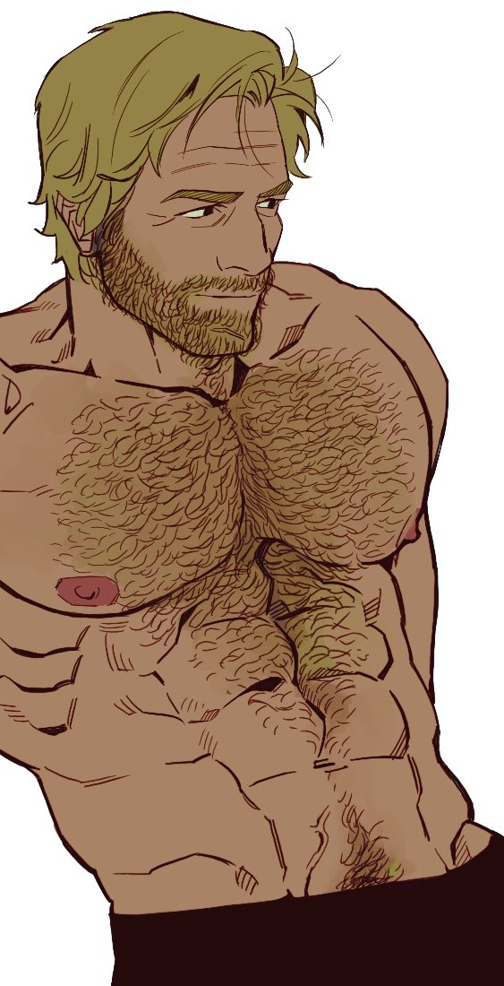 arthur morgan, bara, big pecs, blonde hair, bonjourdraws, chest hair, gay, hairy, hairy chest, male, male only, muscular, muscular male, red dead redemption (series), red dead redemption 2, rockstar games, solo