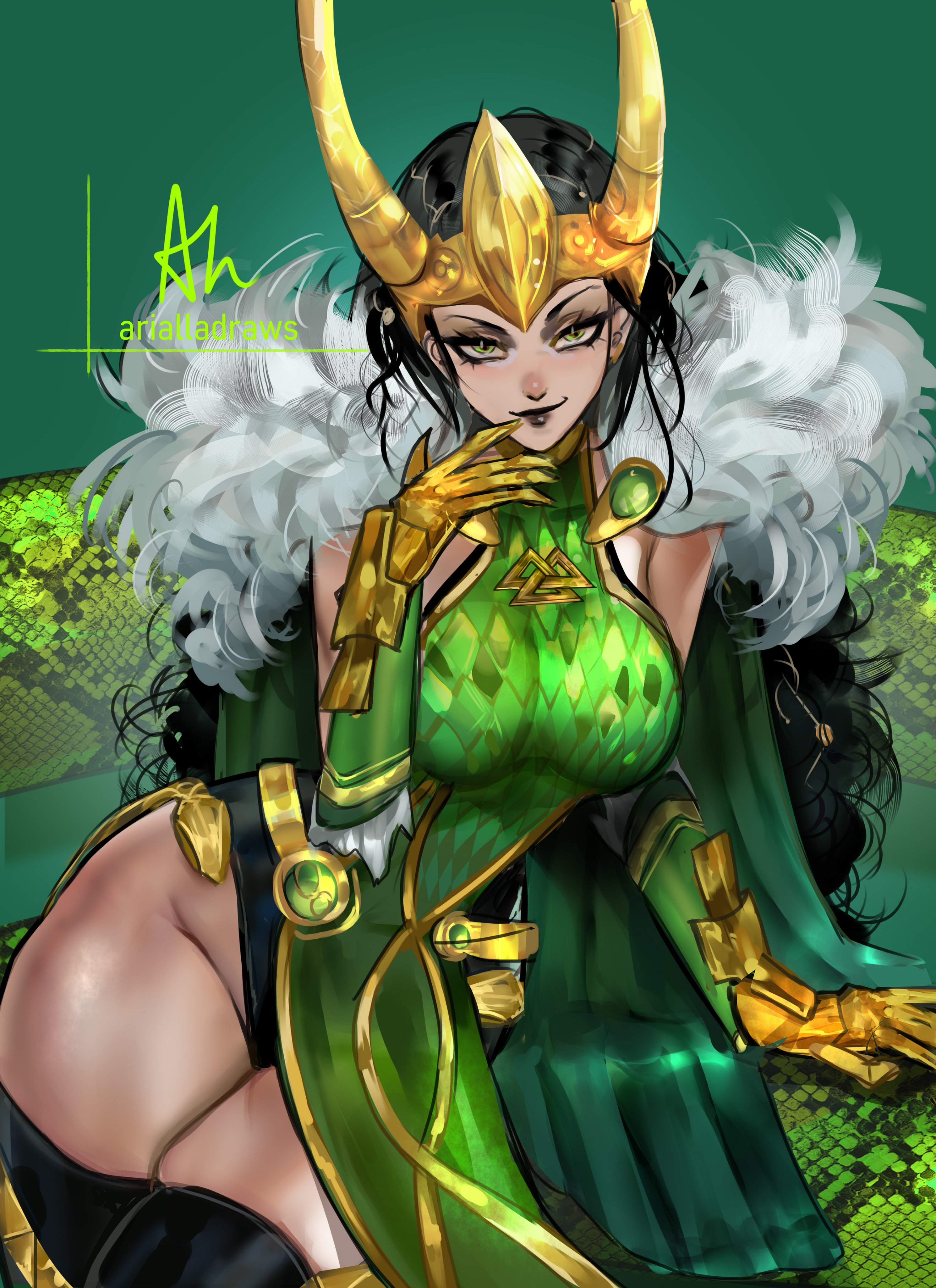 1girls, absurd res, arialla draws, breasts, female, female focus, female only, hi res, lady loki, lady loki (marvel rivals), large breasts, light-skinned female, loki (marvel rivals), loki (marvel), looking at viewer, marvel, marvel rivals, rule 63, solo, thick thighs, thighs, wide hips