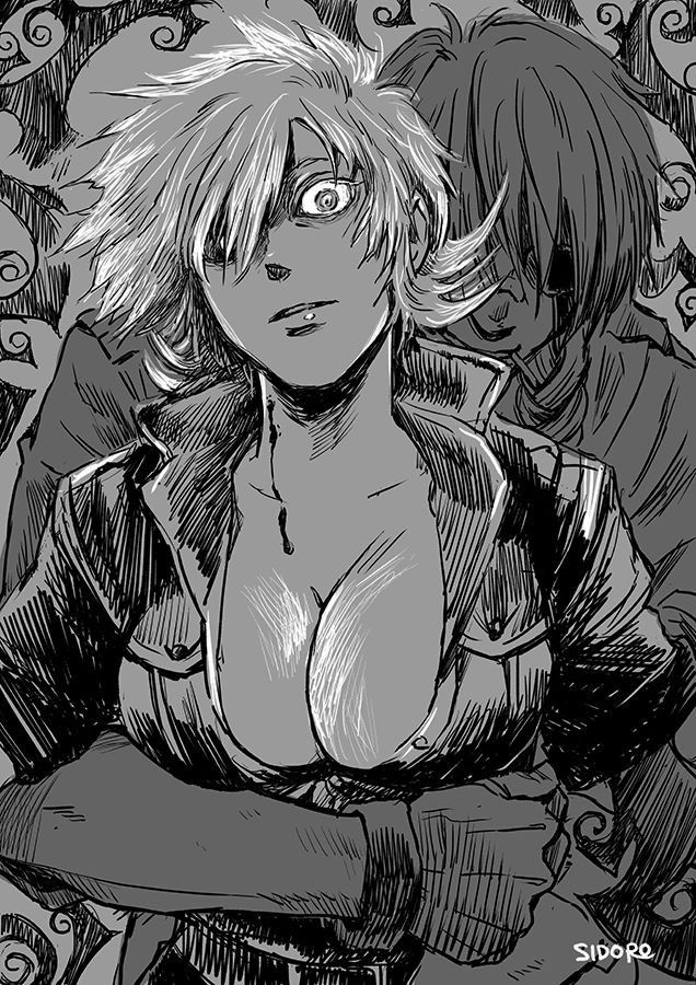artist request, black and white, cleavage, hellsing, hug from behind, one eye obstructed, pip bernadotte, seras victoria, vampire girl, wide eyed